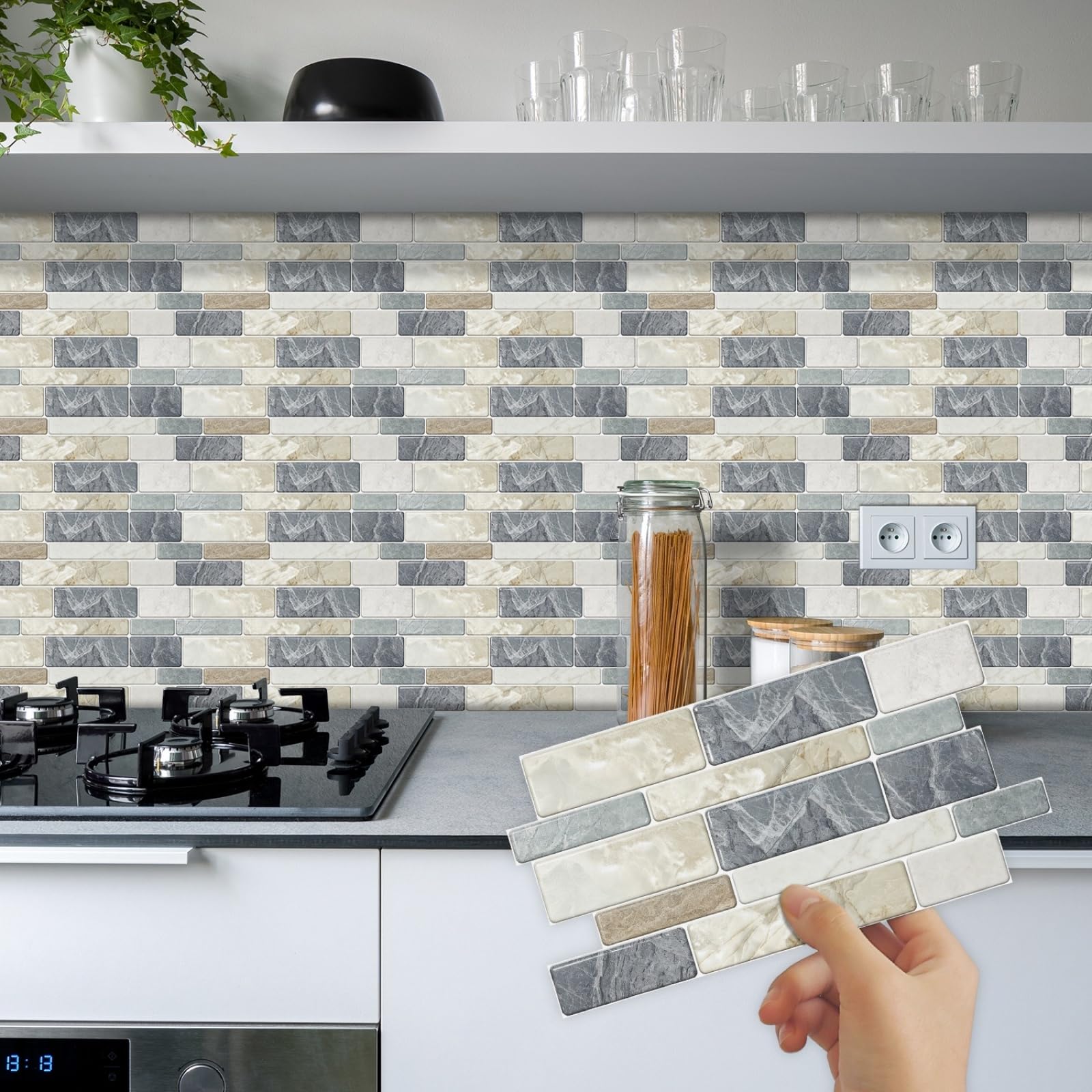 Crédence Adhésive Cuisine Brique Grise Marbre Carrelage Salle de Bain Imperméable Décoratif Dalle Adhesive Murale Stickers Carrelage pour Meubles Cheminée Entoure 12x24 cm/ 30 pcs