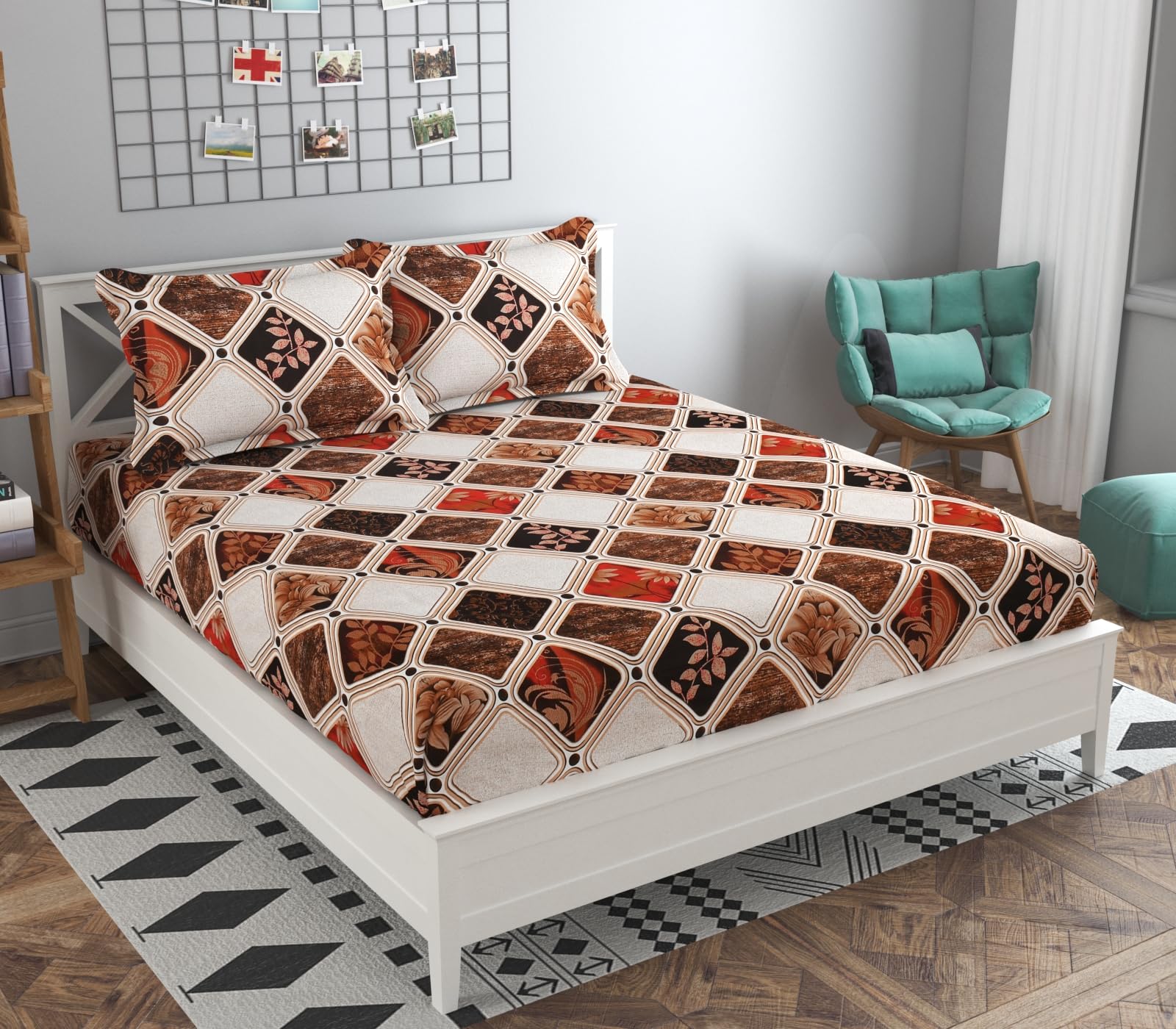 EXOTICEExotice Premium Cotton Elastic Fitted Bedsheets with 2 King Size Pillow Covers | Double Bed with All Around Elastic 220 Tc Supersoft