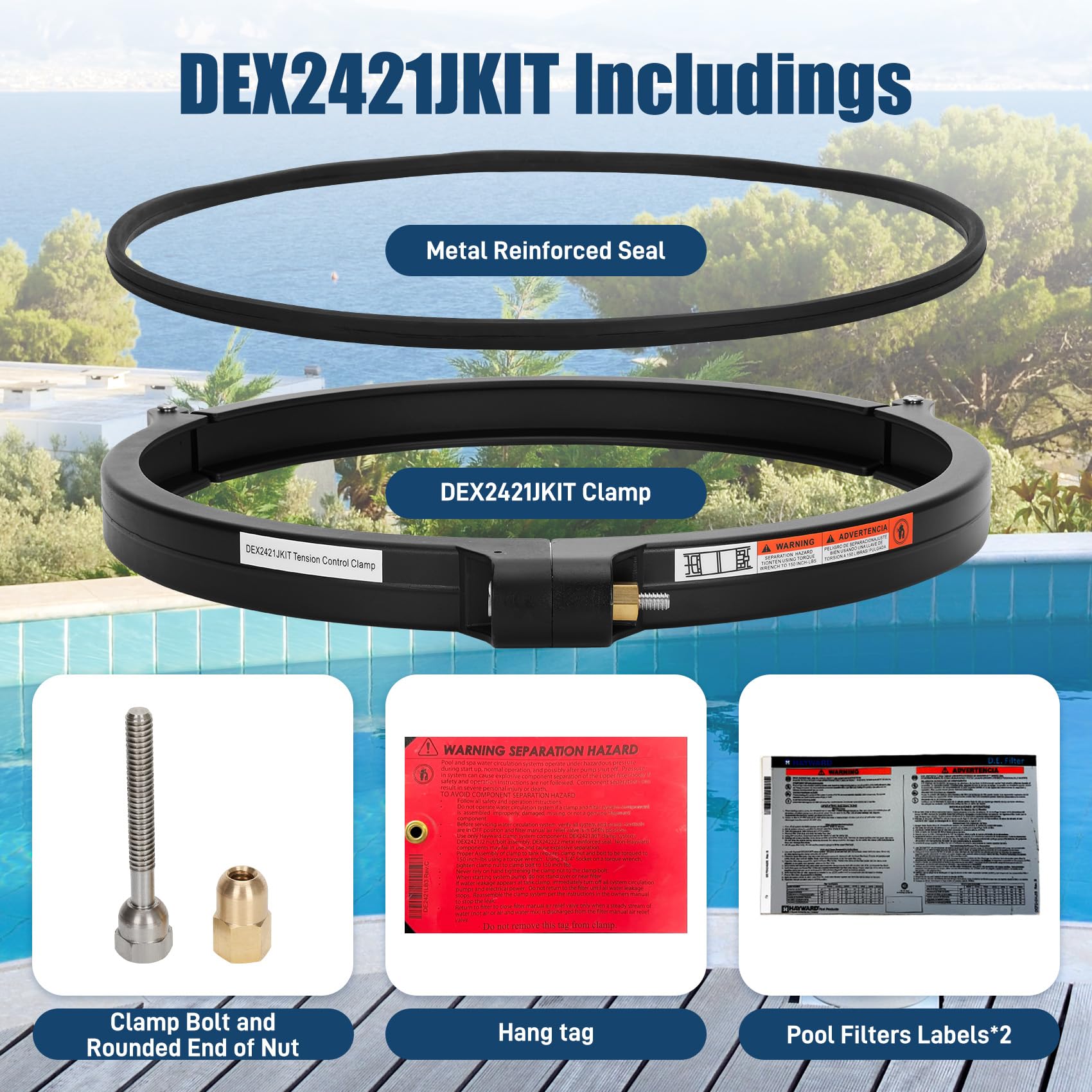 Anrain DEX2421JKIT - Abrazadera de control de tensión compatible con filtros Hayward Swim-Clear y Hayward Pro-Grid, DEX2421JKIT abrazadera de filtro de cartucho con sello de tanque