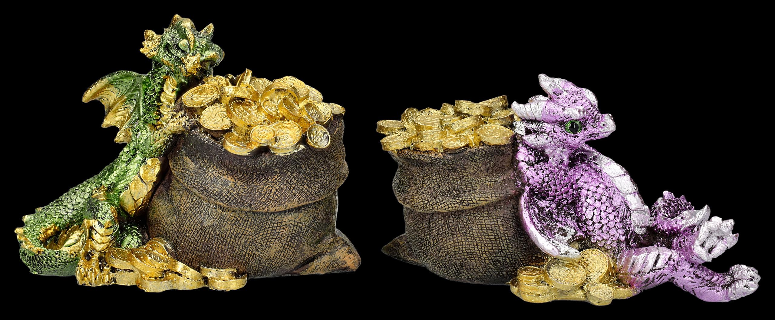 Figuren Shop GmbH Drachenfiguren als liebevolle Schatzhüter: 2er Set, Lila & Grüner Drache, Goldmünzen-Sack, 13 cm Breit
