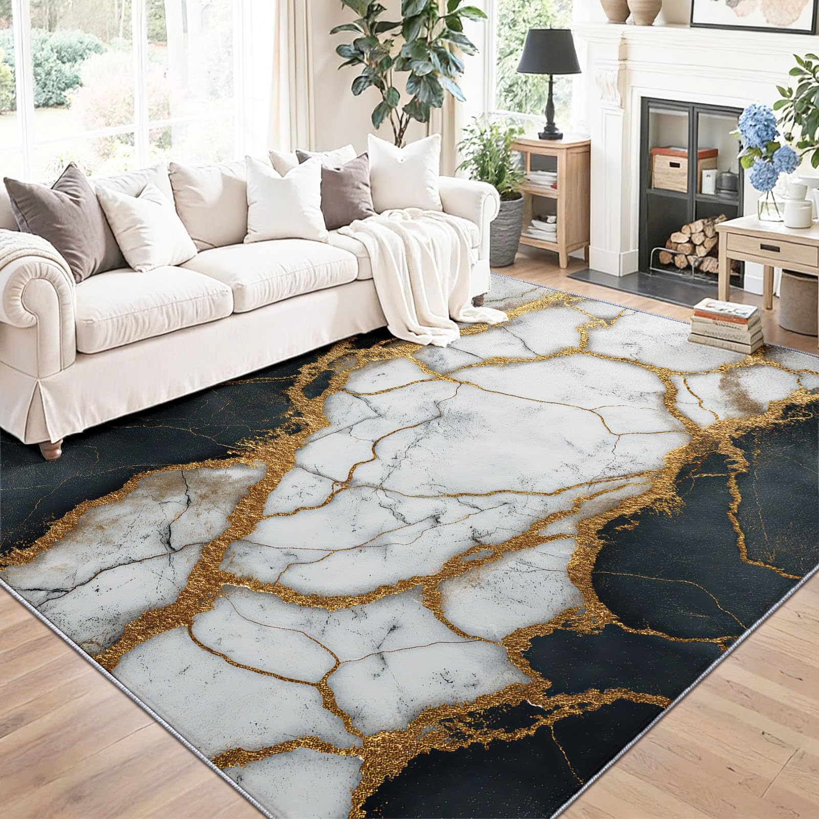 Luksusowy, zmywalny dywan do salonu, 160 x 230 cm, antypoślizgowy, duży, do sypialni, złoty marmur, żyłki, niski runo, dywan do kuchni, jadalni, biura