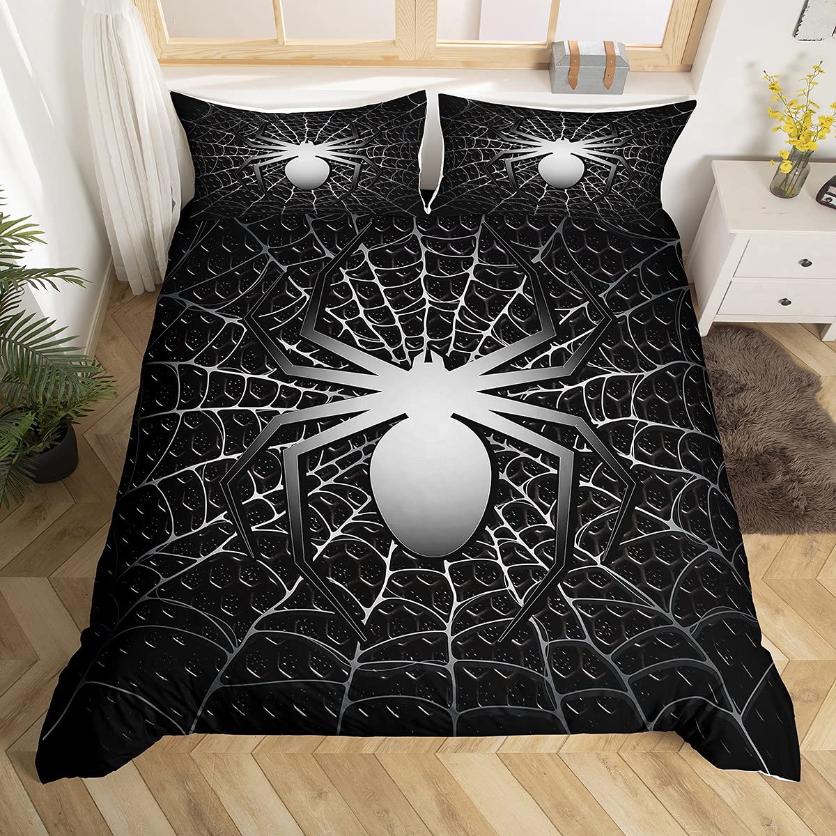 Loussiesd Juego de ropa de cama de araña para niños y niños 3D Scary Spider Web Ropa de cama y lino Negro Blanco funda de edredón Spider Animal Ropa de cama y lino Super King 3 piezas