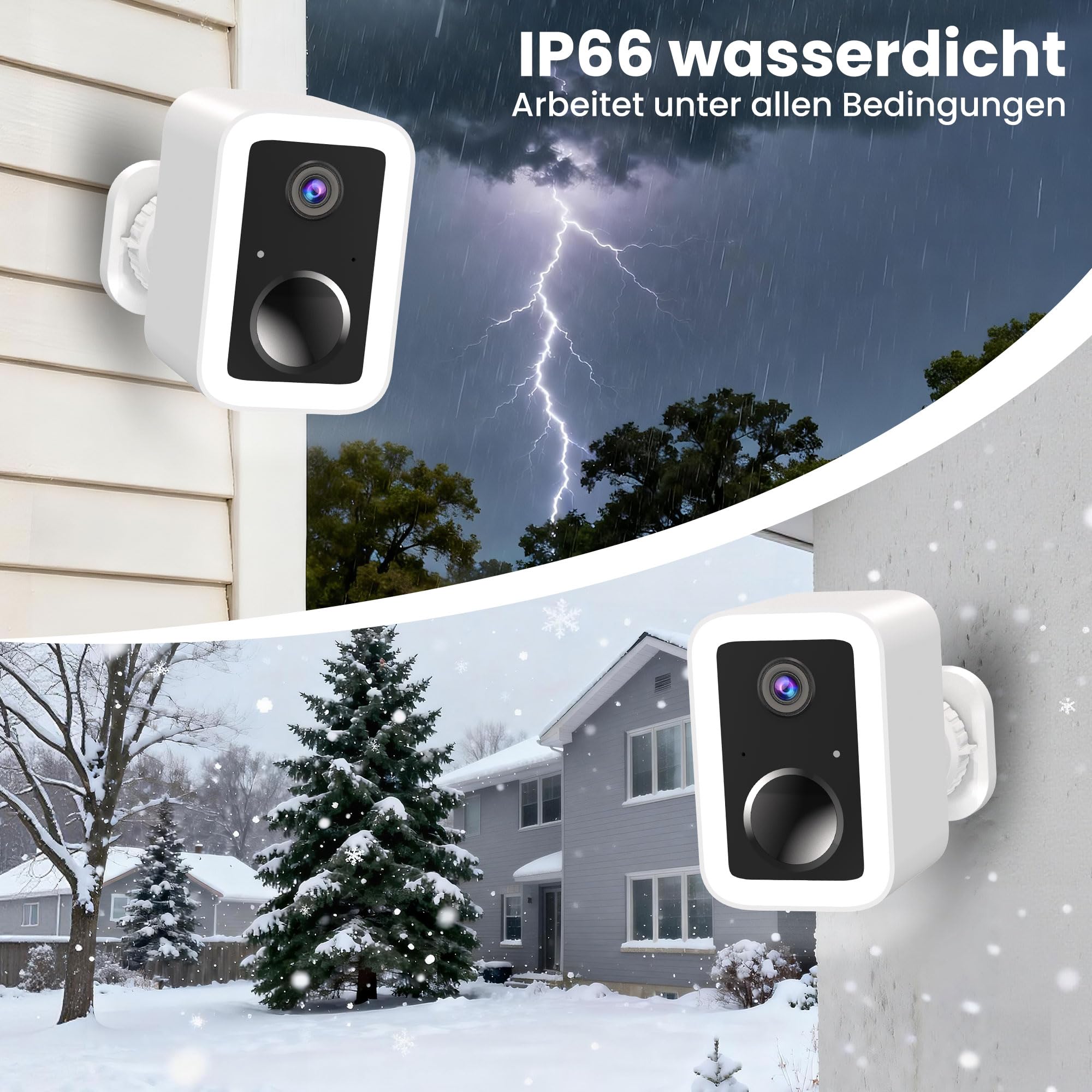 Funstorm 2K WLAN Überwachungskamera Aussen mit Akku, Dualband WLAN 2.4/5GHz | Kabellose Smart PIR Bewegungsmelder Flutlicht & Sirene, Lokaler Speicher & Cloud, IP66 Wasserdicht
