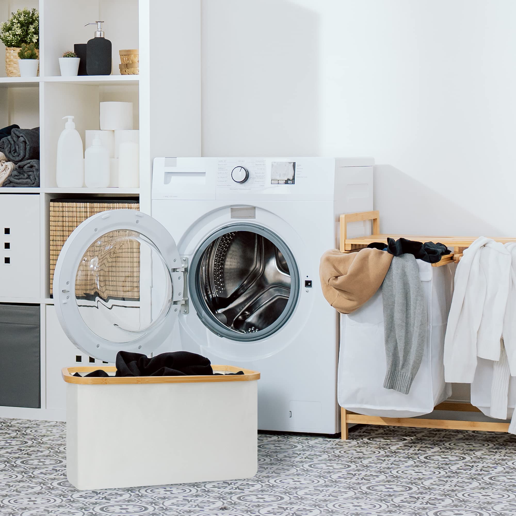 VFANDV Wäschekorb Faltbar 60 Liter - Weißer Wäschesack Mit Henkeln