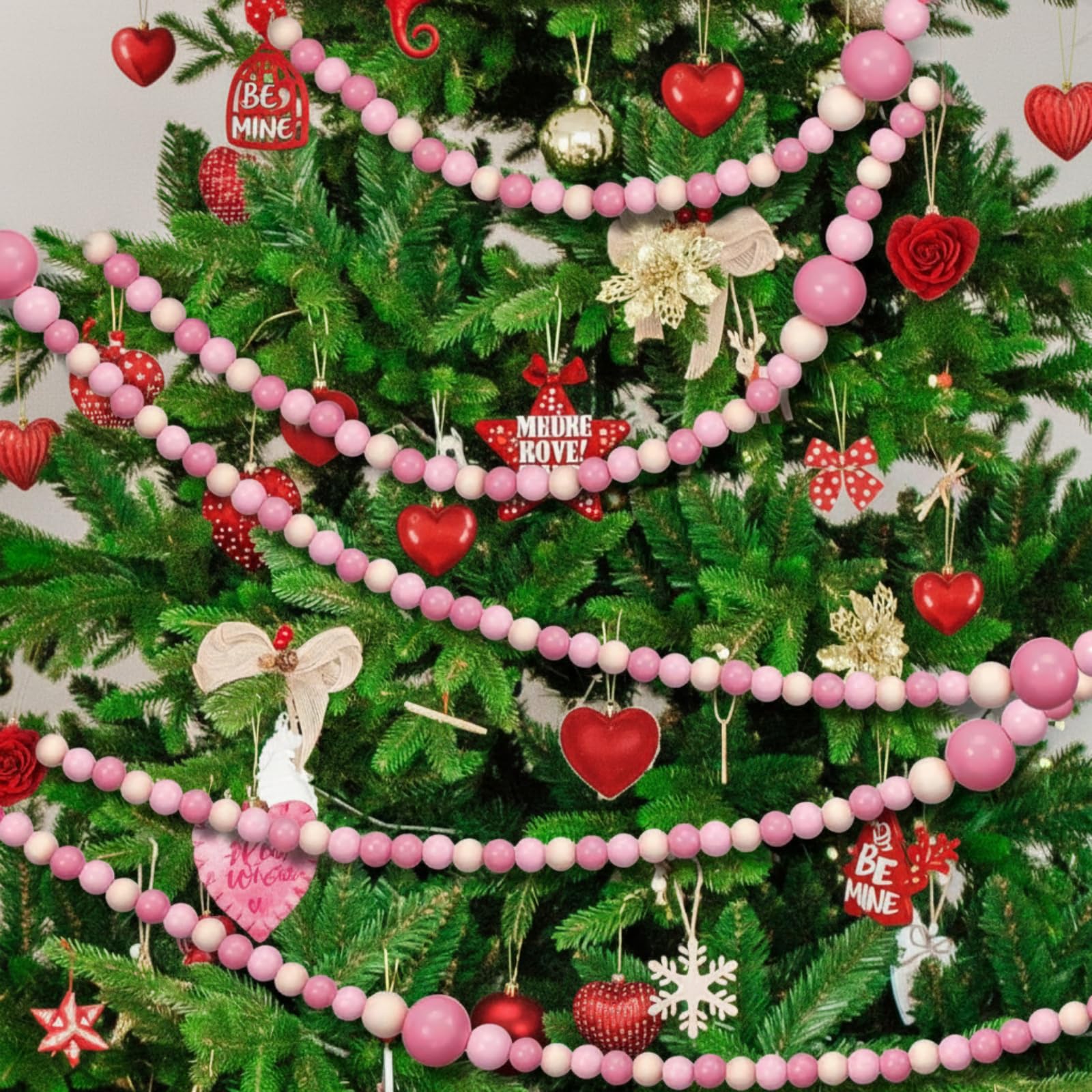 Bucherry Lot de 4 guirlandes de perles en bois de Noël de 8 m de style bohème et rustique, décoration d'intérieur à suspendre pour mur de sapin de Noël, 2,5 m (blanc, rose)