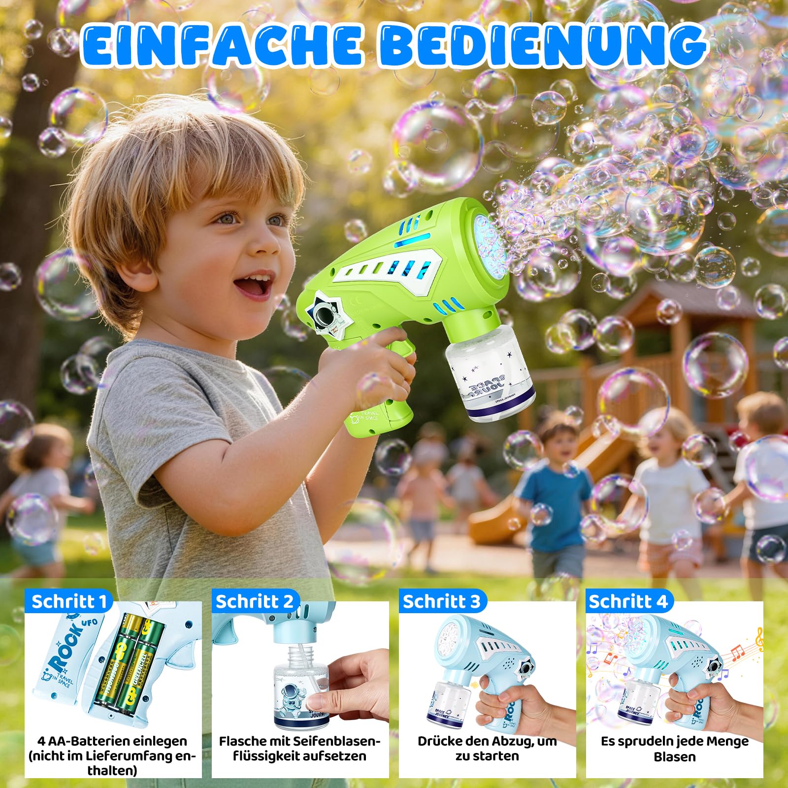Jovicos 2 Seifenblasenpistole Kinder mit LED-Licht & Musik, Seifenblasenmaschine mit 4 Seifenblasenflüssigkeit, Seifenblasen Pistole Kinder, Bubble Gun Outdoor Spielzeug für Hochzeit Party Geschenke