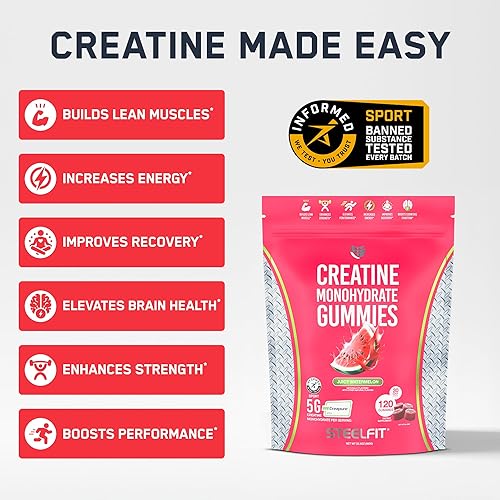 Miniatura 2 de SteelFit Creapure - Gomitas de monohidrato de creatina para hombres y mujeres, sandía jugosa, suplementos nutricionales para entrenamiento de