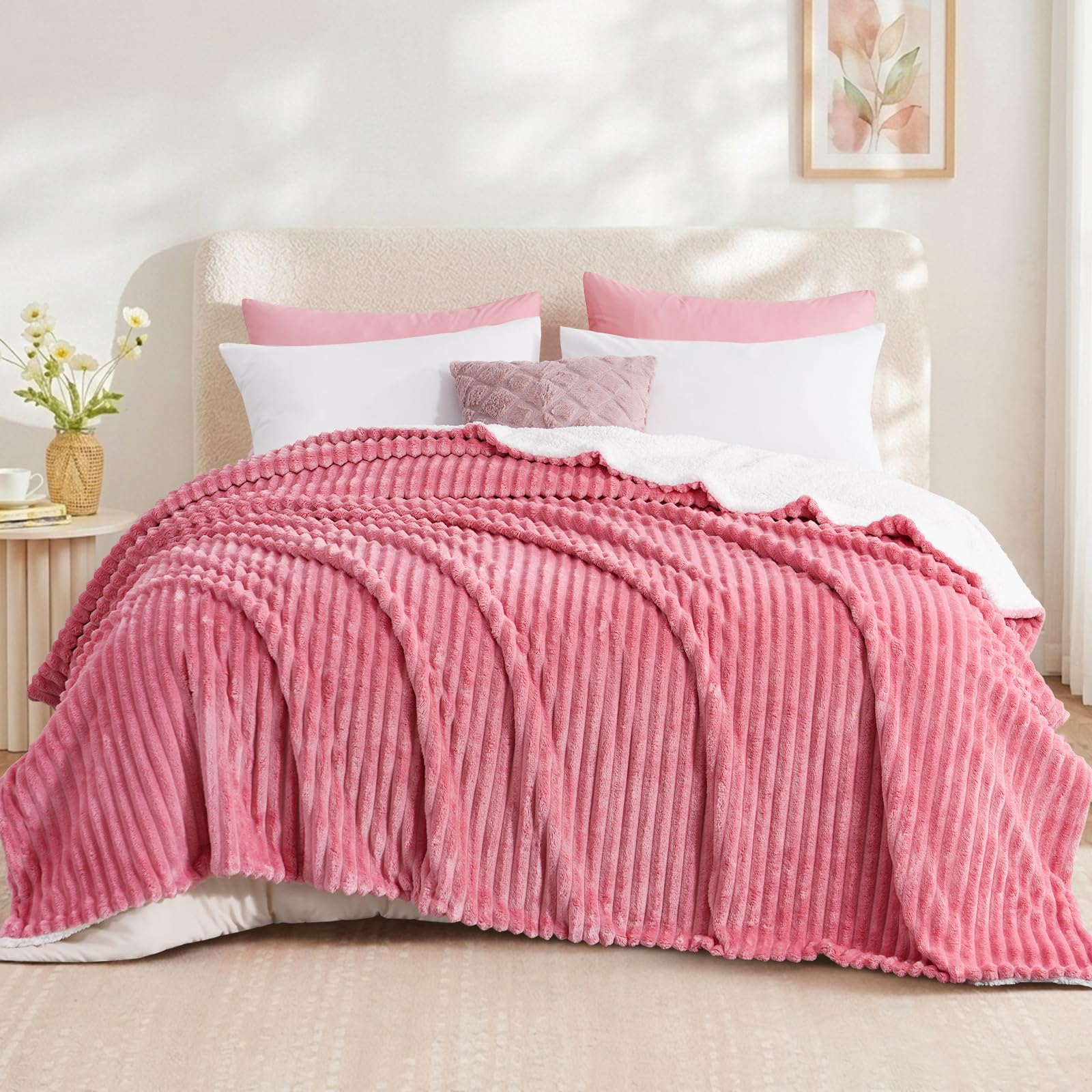 Aisbo Sherpa Fleece Throws for Sofas King Size - Fluffy Bed Blanket,Pink