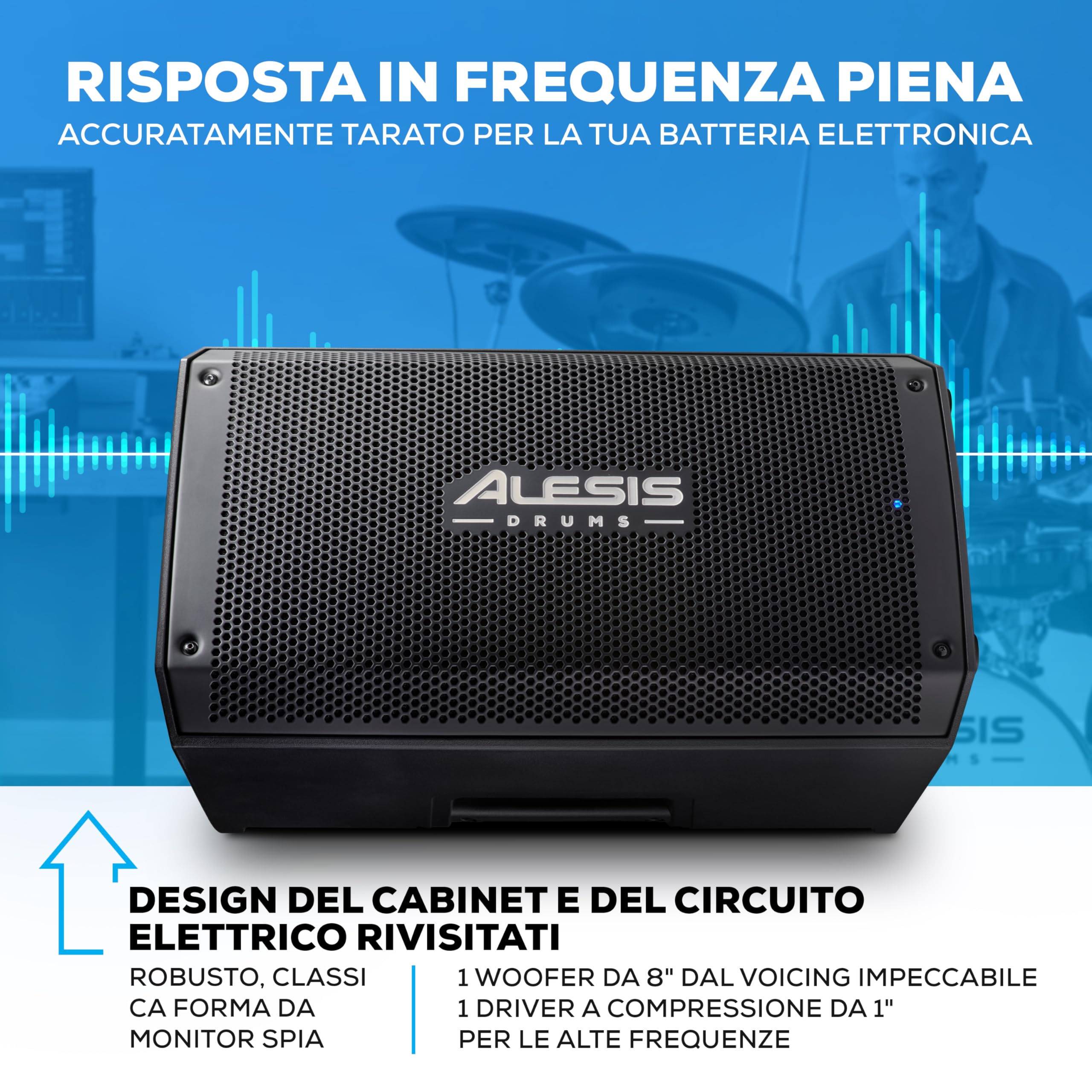 Alesis Strike Amp 8 MK2 - Amplificatore da 2000 W per batteria elettronica con Bluetooth, woofer da 8", EQ HPF e switch per messa a terra