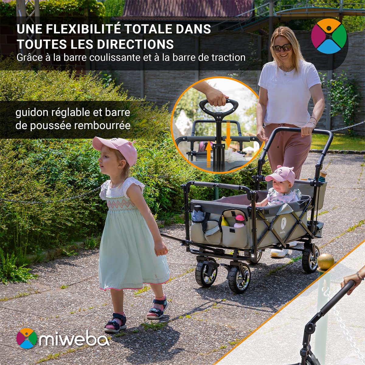 Miweba Chariot pour Enfants MB-20 - Chariot Pliable - Système de Harnais à 2X 3 Points - Frein de Stationnement - Roues en Caoutchouc Dur - Pare-Soleil avec Protection UV (LSF25)