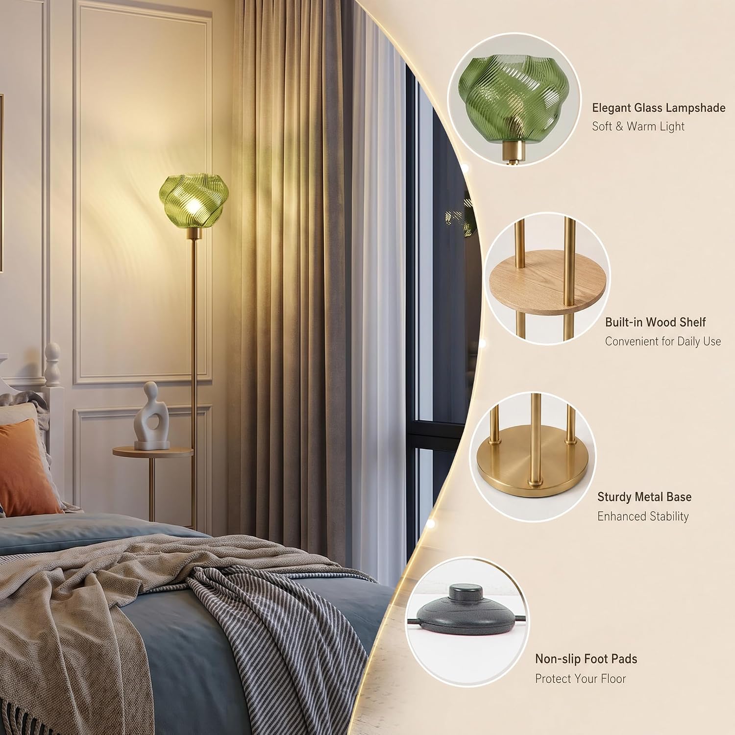 Fiqevs Gold Floor Lamps for Living Room, Modern Floor Lamp with Shelves, Glass Standing Lamps with Table, Brass Tall Lamp with Green Glass Shade, Mid Century Vintage Retro Corner Lamp for Bedroom