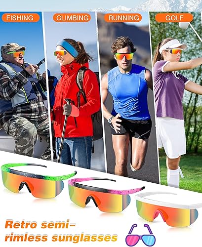 Miniatura 5 de Fabbay 3 pares de lentes de sol de neón retro espejados de los años 80 y 90 s semi sin montura de lentes de sol de colores para deportes hombres y