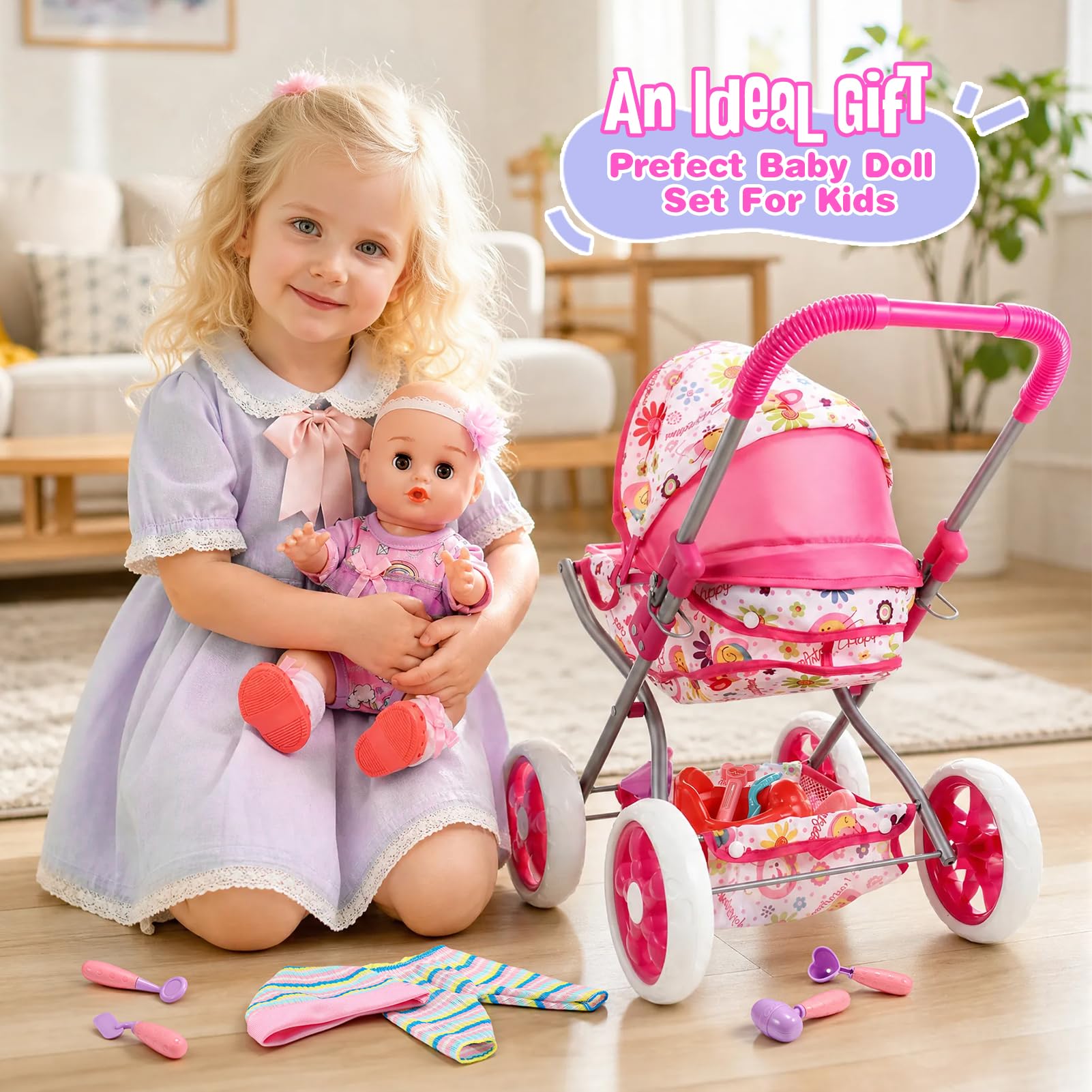 HappyGoLucky Passeggino con Bambola da 28 cm, Vestiti e Accessori Bambole Gioco di Ruolo Bambina 3-7 Anni Carrozzina per Bambole Regalo Bambina 2-8 Anni Giocattoli Bambino