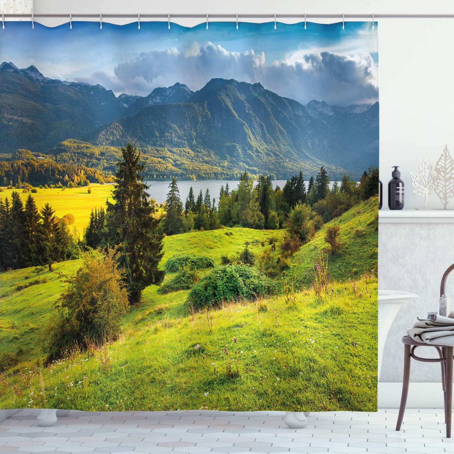 ABAKUHAUS Landscape Shower Curtain, Summer Morning on Bohinj Lake in National Park Slovenia Greenery Nature