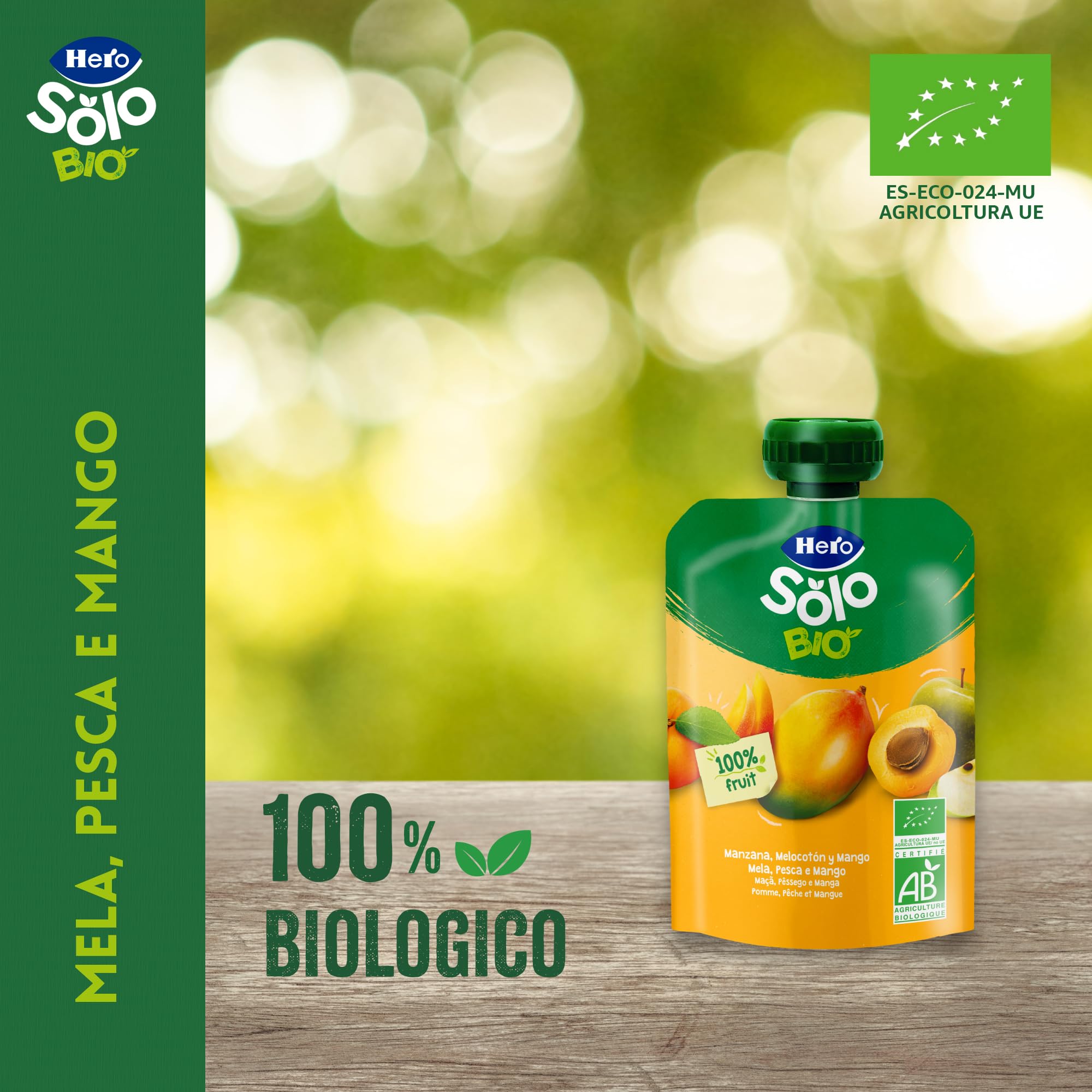 Hero Solo Bio Frutta Frullata 100% Bio, Senza Zuccheri Aggiunti, Purea di Mela, Pesca, Mango - 18 Confezioni da 100 gr