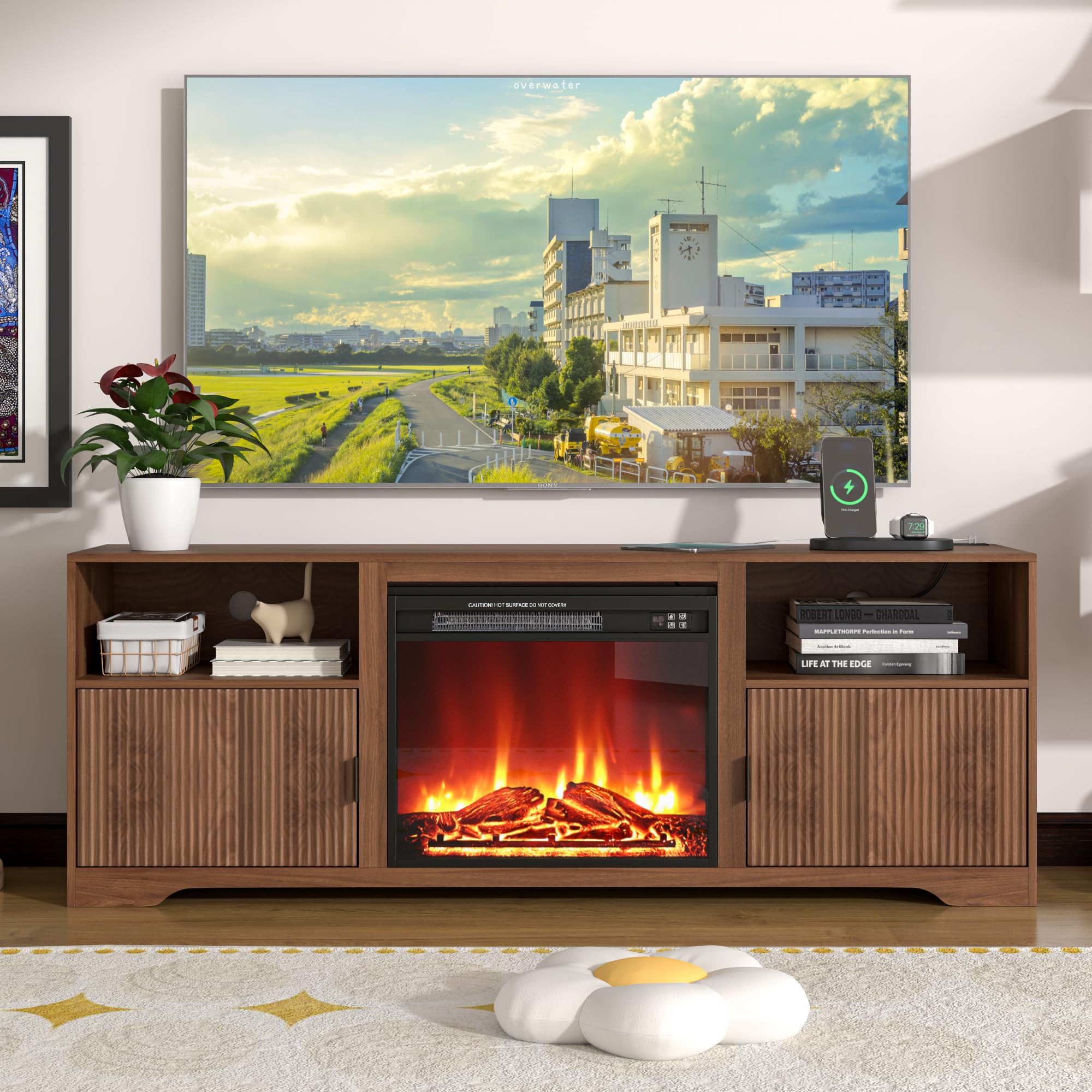 Fireplace TV Stand for Television up to 80 Inch,Entertainment Center with Adjustable Shelf,Mid-Century Modern Fluted TV Stand with 23" Electric