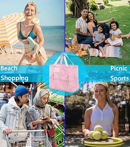 Miniatura 7 de Bolsa de playa de malla, bolsas grandes de playa con cremallera, bolsa de piscina para juguetes para viajes familiares, vacaciones, cruceros,