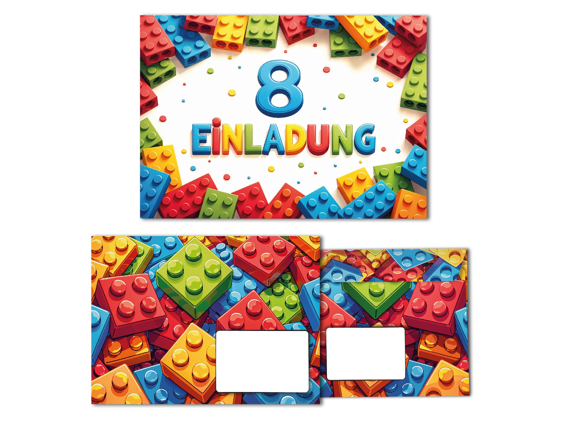 Junaversum 12 Einladungskarten inkl. 12 Umschläge zum 8. Kindergeburtstag Bausteine Kinder Jungen Mädchen coole bunte Einladungen achte Geburtstag Geburtstagseinladungen Kids