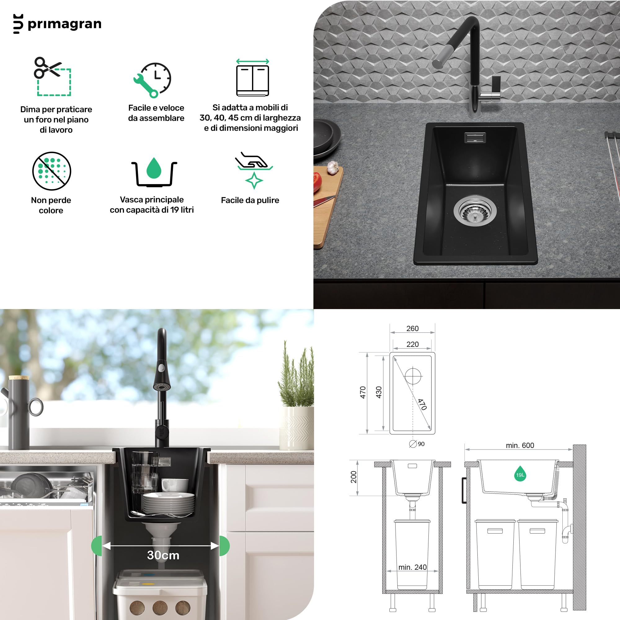 PRIMAGRAN Lavello da Cucina Nero 26x47cm, Lavandino in Granito a 1 vasca + Sifone Classico, Lavabo da Cucina Incasso al Mobile 30cm - London Slim S001