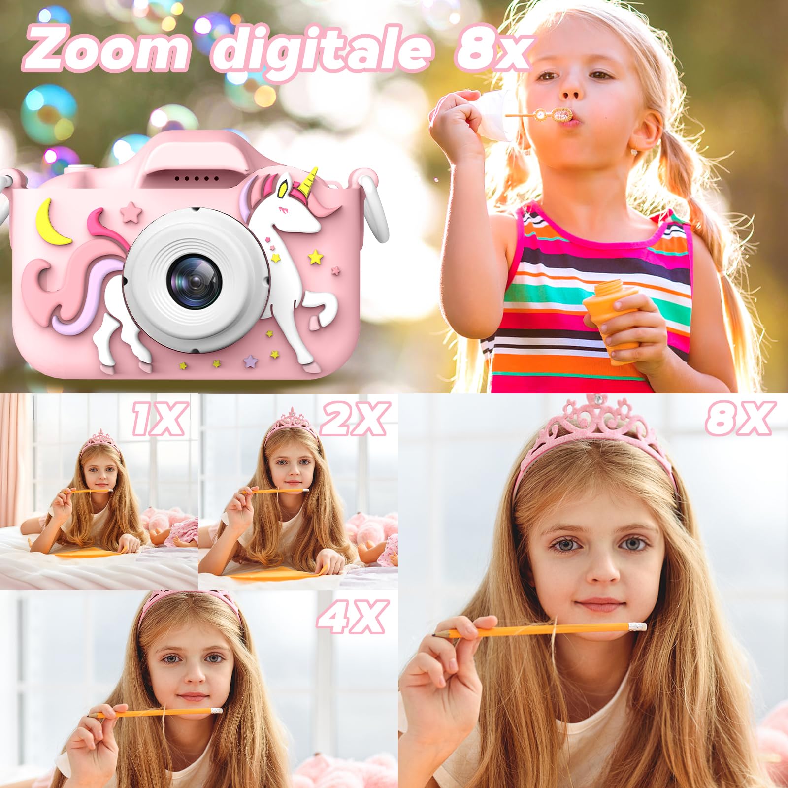 GlobalCrown Macchina Fotografica Bambini,Mini Ricaricabile Fotocamera Digitale Giocattoli per bambini Videocamera Regali per Ragazze Ragazzi da 3-8 Anni,12MP Video HD Schermo (Scheda 32 GB inclusa