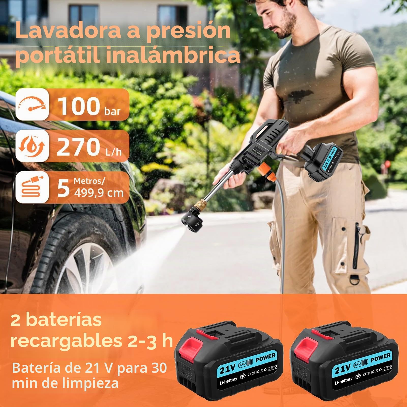 Viugreum 21V Limpiador de Alta Presión con Boquilla 6 en 1, Limpiadores de Alta Presión Inalámbricos Portátiles con 2 Baterías y Cargador, Manguera de 5 m, Filtro de Agua, Vaporizador, Recarga Rápida