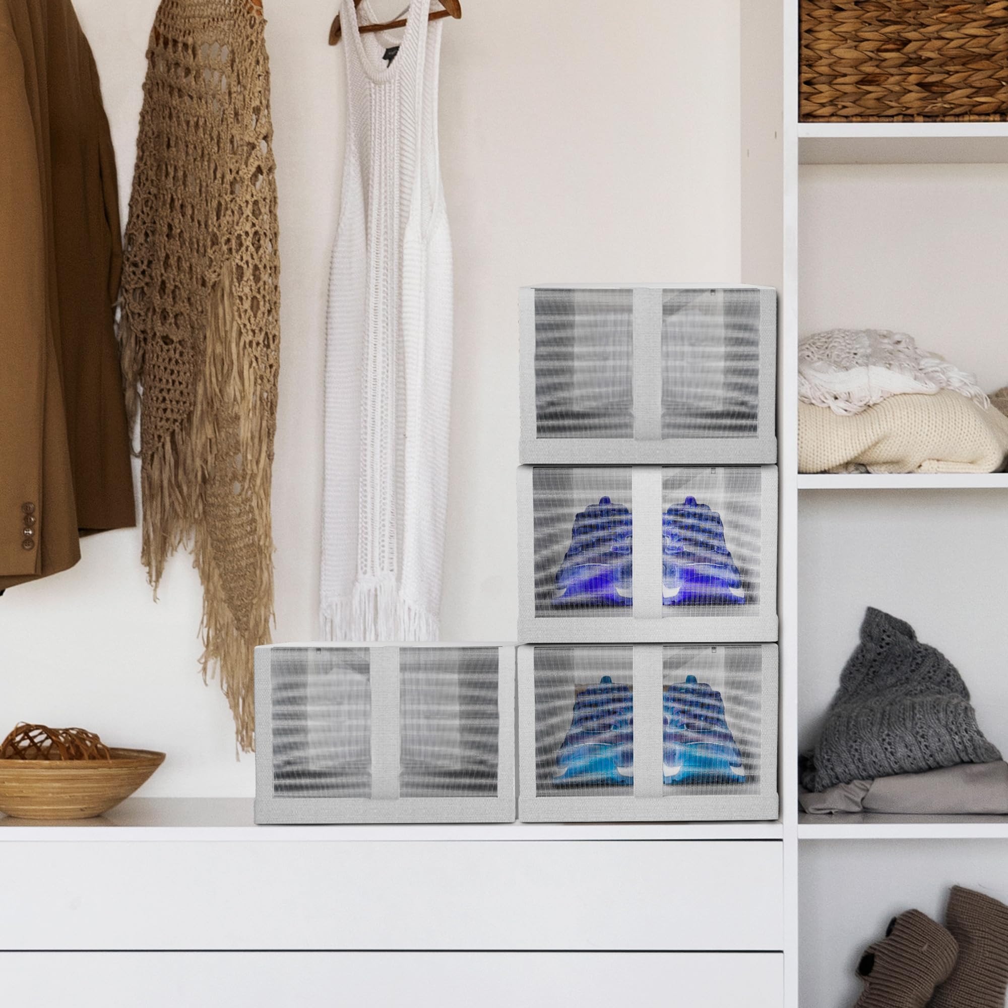 APQ - Scatola portaoggetti in tessuto grigio con coperchio, gancio e passante. Confezione da 4 cubi portaoggetti in tessuto Oxford con coperchi. Scatole portaoggetti pieghevoli ventilate per