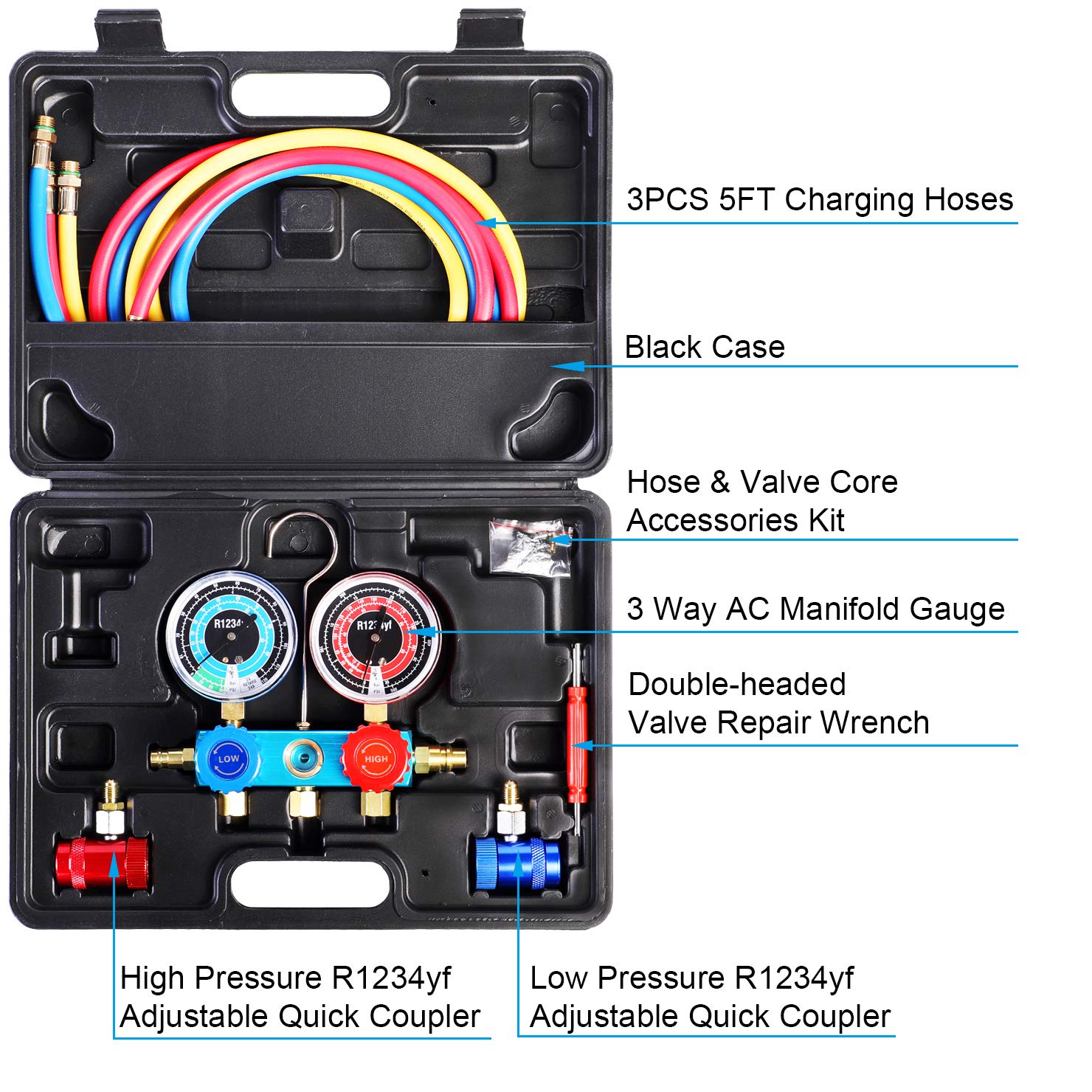 Buy YSTOOL 3 Way AC Manifold Diagnostic Gauge Air Conditioner R1234yf Refrigerant Charging Set