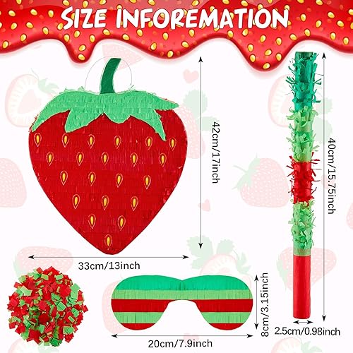 Miniatura 2 de Sotiff Piñata de fresa de 17 pulgadas con máscara de ojos de palo para niños y niñas, fiesta de fresa, fruta temática de verano, fiesta de