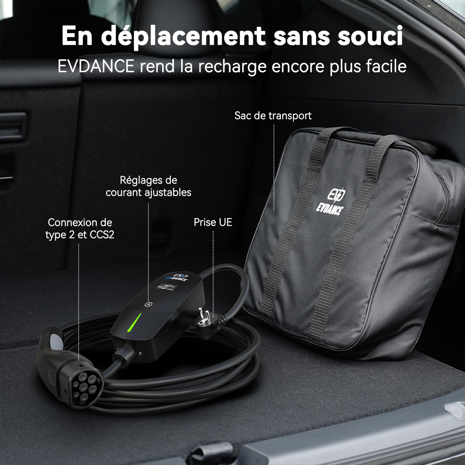 EVDANCE Chargeur Voiture Electrique (3,68 KW, 6-16A, 6,1m) avec Écran OLED | 6-16A Intensité Réglable, Câble Recharge Voiture Électrique Type 2, Étanche IP66, Sac Portable Offert, pour EV IEC 62196-2