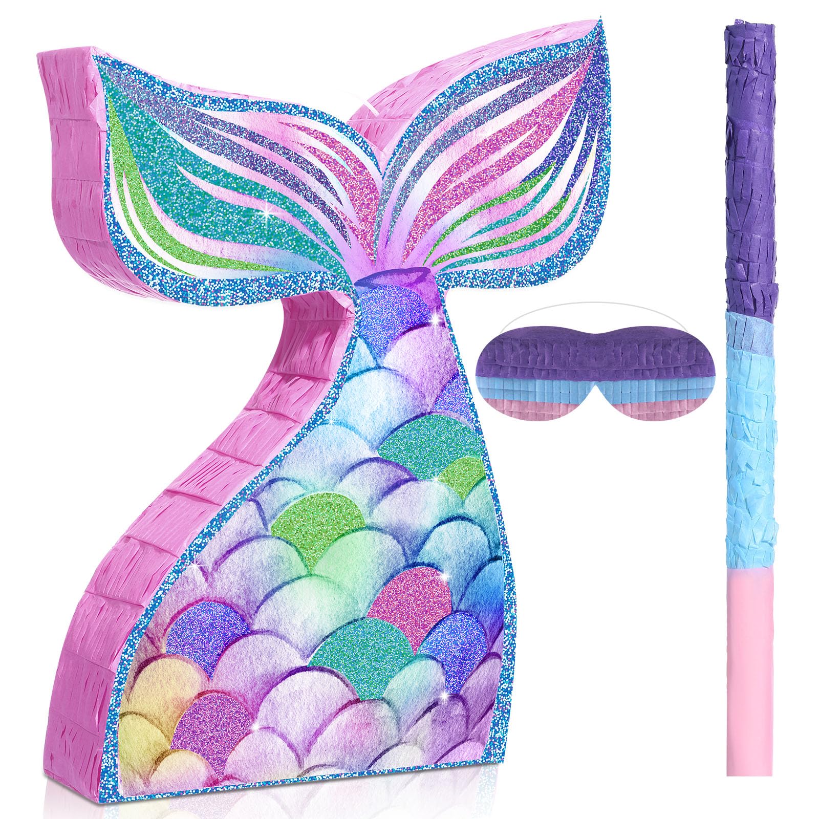 Pasimy Mermaid Piñata with Blindfold and Stick Mermaid Tail Piñata for Girls Under the Sea Ocean Theme Birthday Baby Shower Halloween Party Decorations Game Supplies, 16.14 x 12.20 Inch