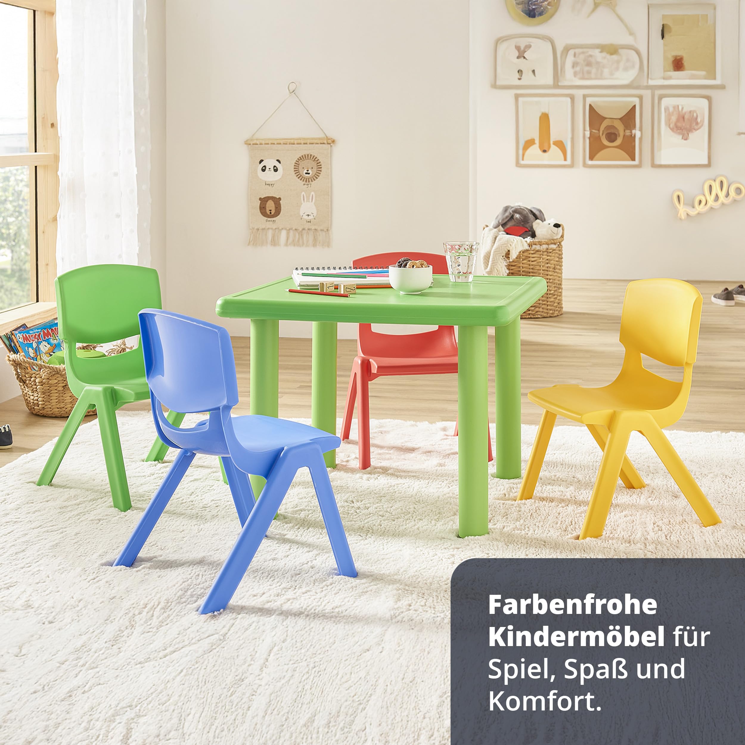 KHG Kindertisch Grün Sitzgruppe aus pflegeleichtem Kunststoff für Drinnen & Draußen, 30kg belastbar, sicher & geprüft 62x50x62 cm