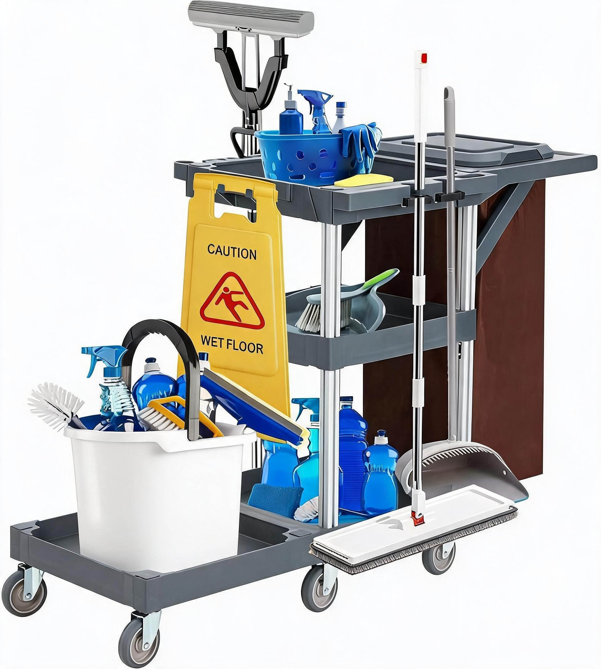 Cleaning Trolley&Professioneller Reinigungswagen – 3 Ablagefächer, Strapazierfähiger Vinylsack, Abdeckung, Rollen – Robuster Kunststoffwagen Für Restaurants, Hotels, Krankenhäuser, Firmen