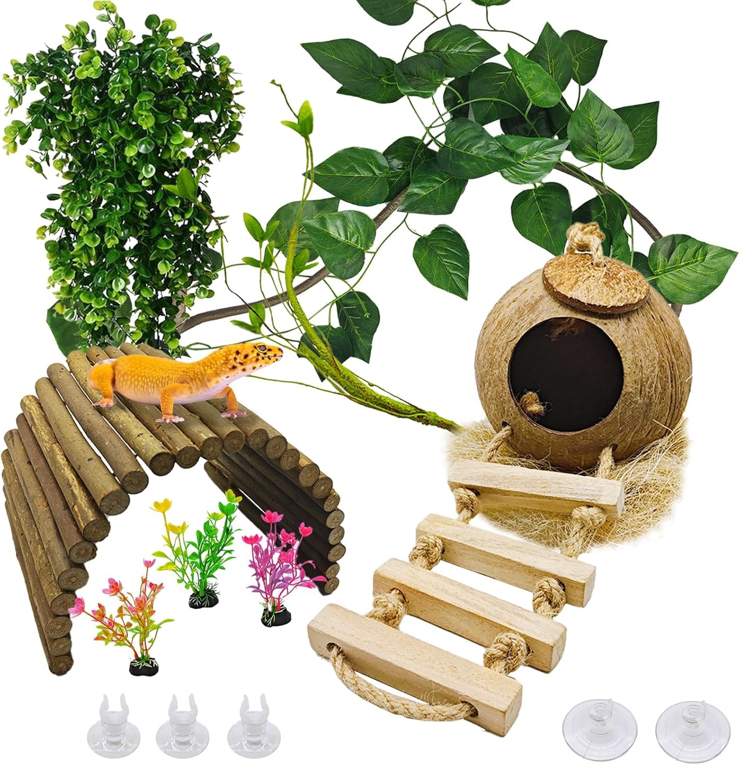 kathson 9PCS Leopard Gecko Tank Accessories,Reptile Hanging Plants and Vines Coconut Shell Hut with Ladder Habitat Decor for Climbing Bearded Dragon Lizard Snake Hermit Crab Chameleon