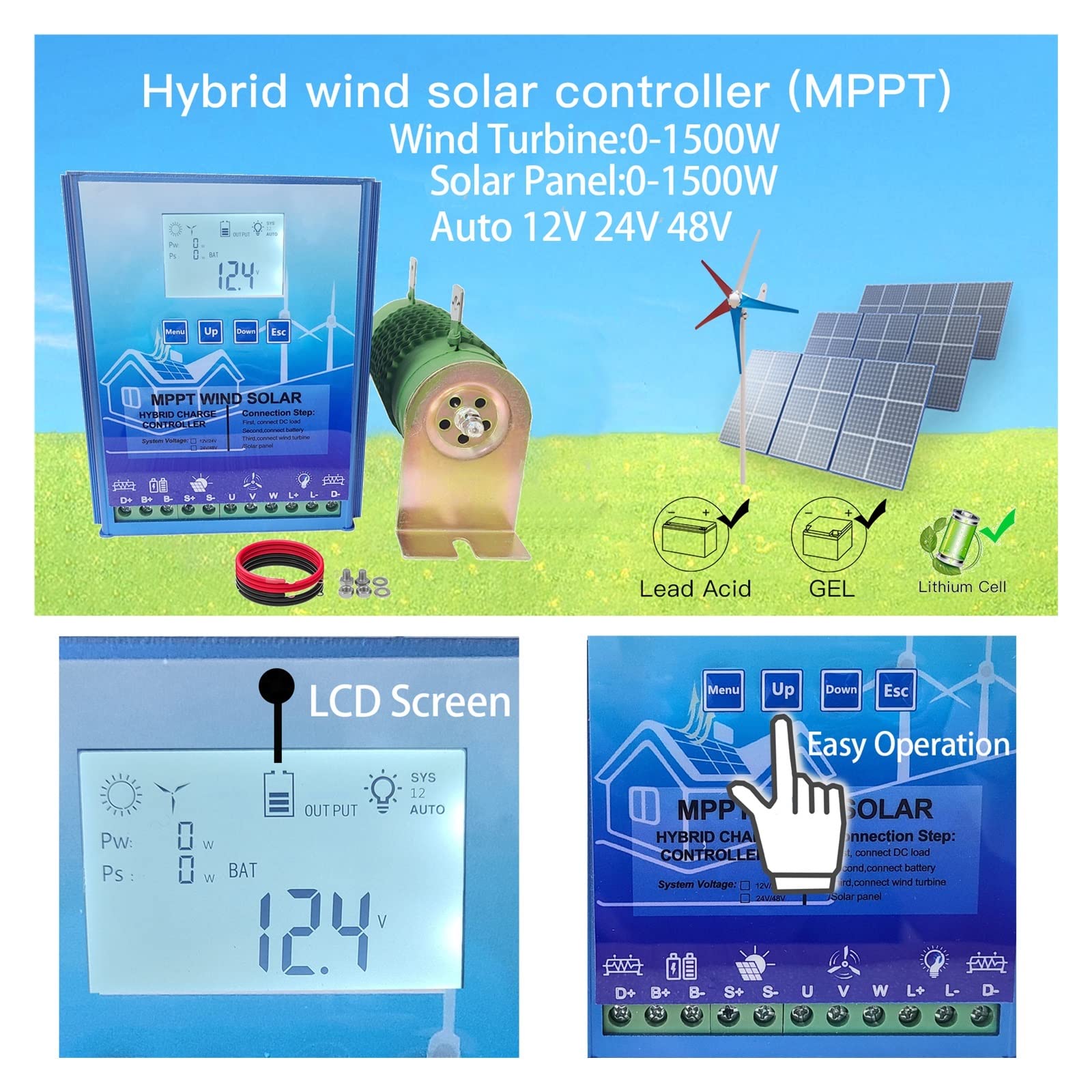 Kontroler ładowania słonecznego 3000 W Hybrydowy kontroler ładowania słonecznego wiatru 12 V 24 V 48 V PV Regulator turbiny wiatrowej do akumulatora litowo-kwasowego Lifepo4 GEL Niezawodna ochrona (