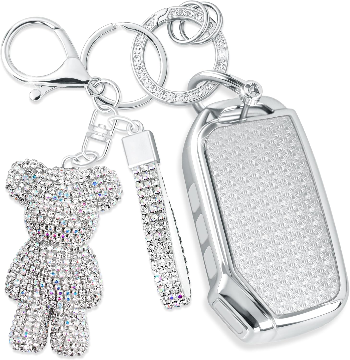 Cute Key Fob Cover with Rhinestone Bear Charm, TPU Smart Key Case for Women, Compatible with Kia Cadenza Forte K5 Niro Rio Seltos Sorento Soul Sportage Telluride (5-Button, Silver)