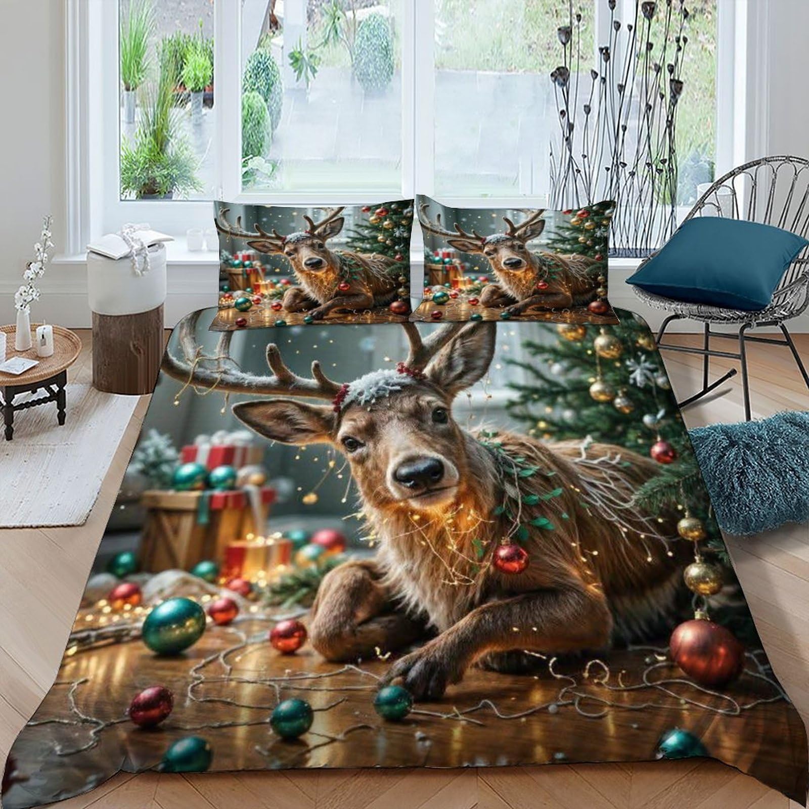SHOVERKD Reindeer Christmas Bedding Set Theme Bedspread Christmas Themes Duvet Cover Set Microfiber Quilt Cover Universal for All Seasons Pillowcase King（220x240cm）