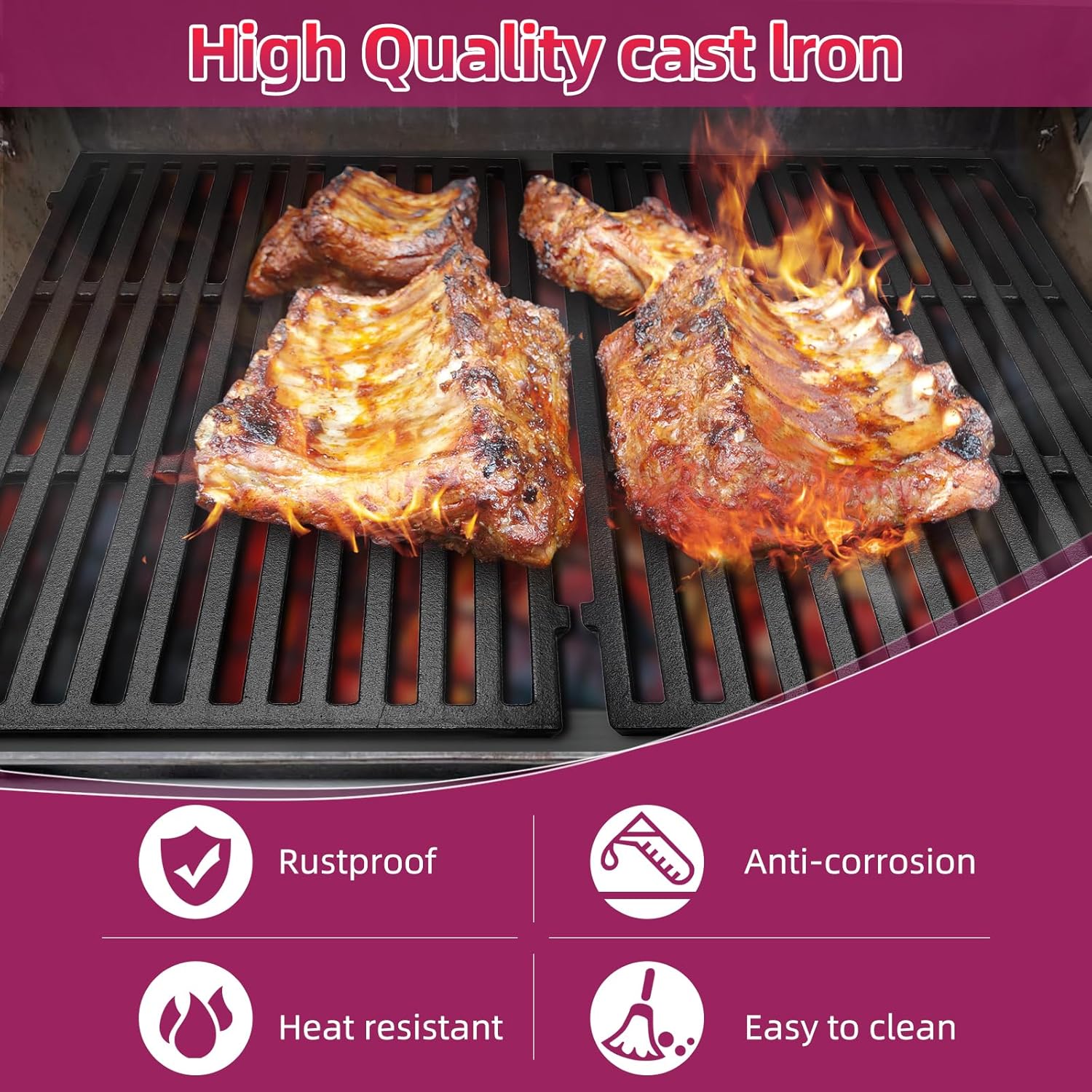 Porcelain Steel 15.3 inch 7636 Flavorizer Bar with Cast Iron 7639 Grill Grates for Spirit II Replacement Parts,for Spirit E-310, E-330, E-320, S-310/320/330,for Weber Spirit I&II 300 Series