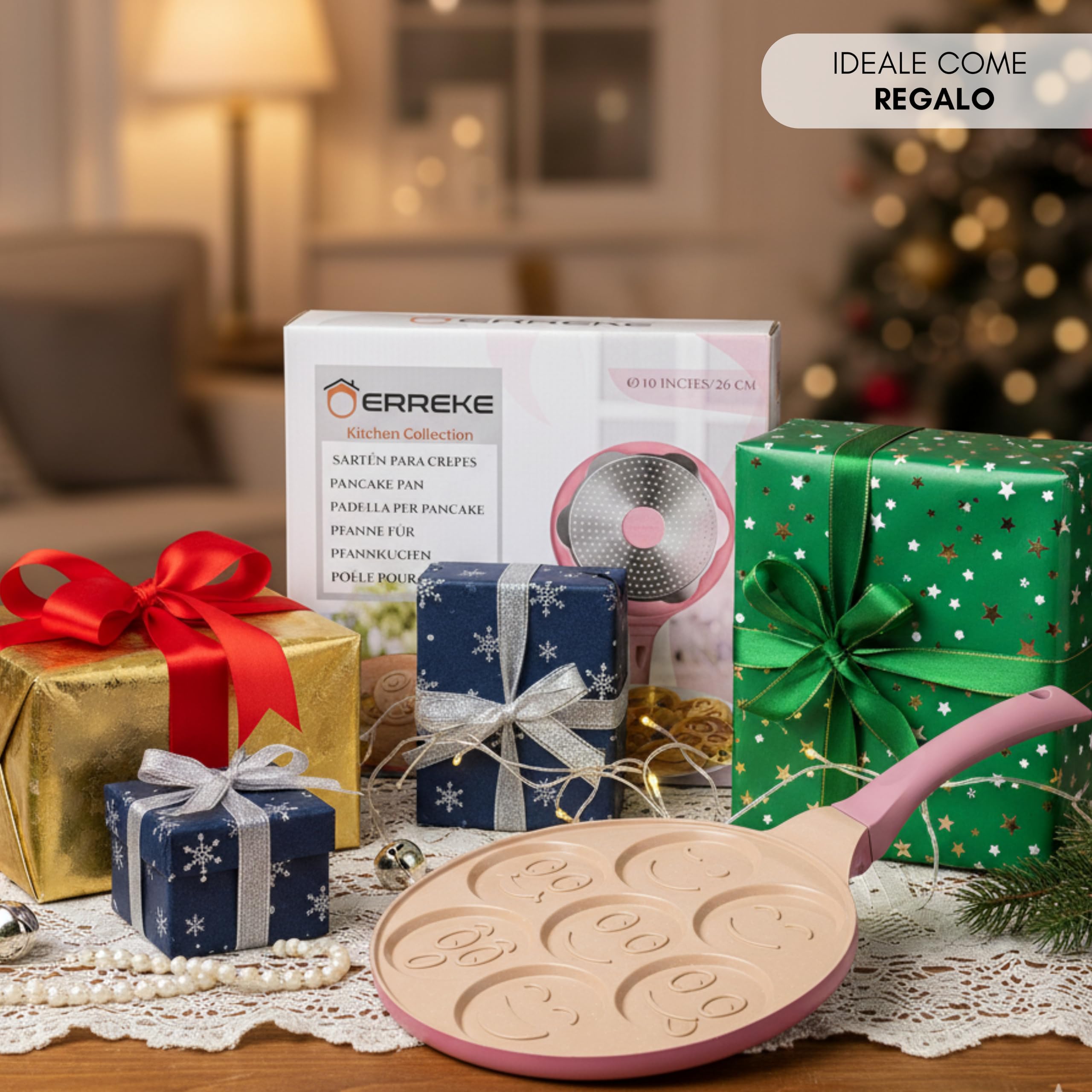 Erreke Padella per Pancake, Crepiera, Tutti i Piani Cottura e Induzione, Doppio Rivestimento Antiaderente, Design Faccine, Manico Soft-Touch, 7 Pancake o Crepe, 26 cm Colore Rosa