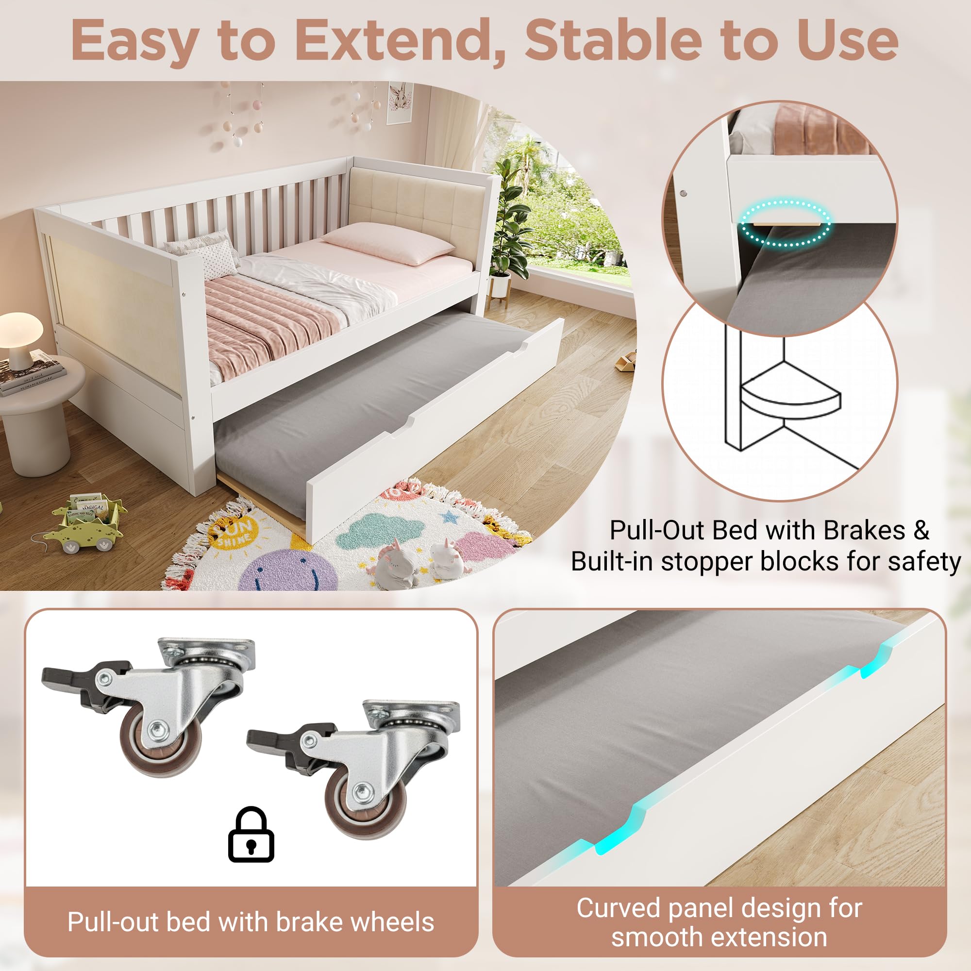 Soweiz Sofá cama blanco, madera, con reposabrazos redondeados, respaldo cómodo, perfecto para apartamentos pequeños, fácil montaje, sin colchón (90 x 200 cm con cama nido)