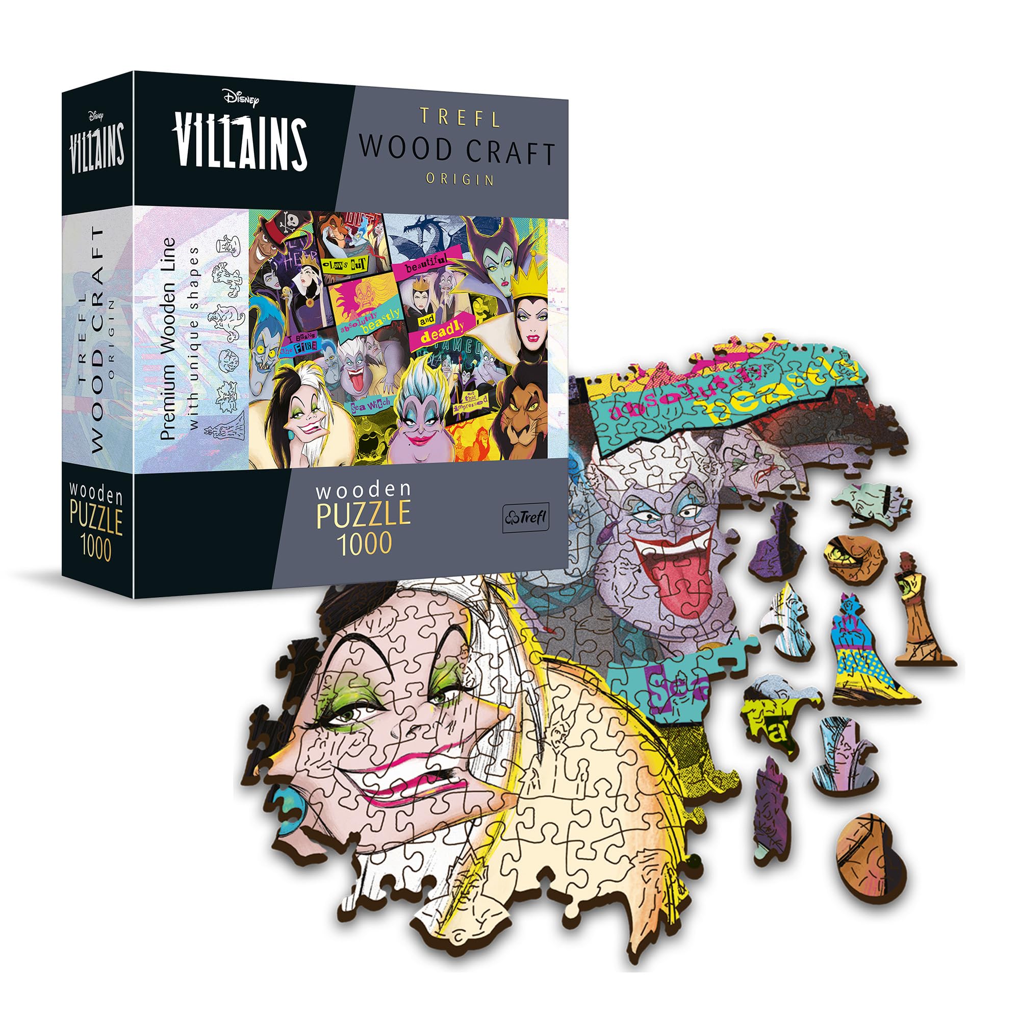 Trefl Madera: Villanos de Disney, Rally de Villanos-1000 Elementos, 100 Figuras de Cuentos de Hadas, Puzzle Moderno Premium, para Adultos y Niños a Partir de 12 años, Multicolor (20167)