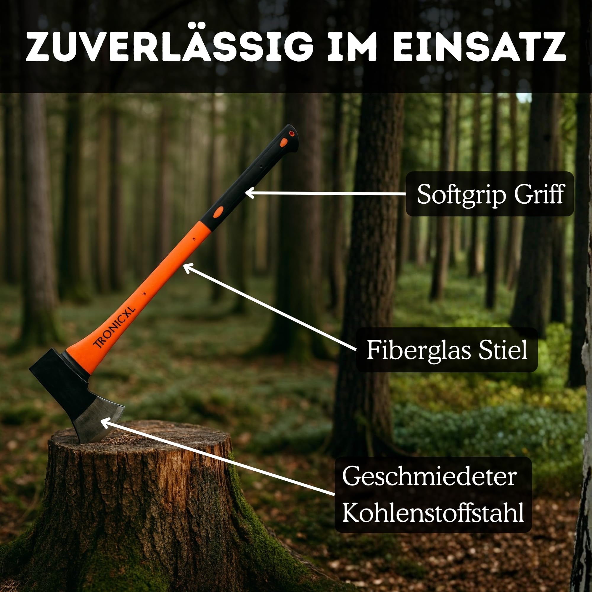 TronicXL Axt Beil 2000 g Spaltaxt groß - Vibrationsarmer Stiel aus Fiberglas - Gummiertes Griffende - Zur präzisen Bearbeitung von Holz/mit Schneidschutz/Spaltbeil/Camping