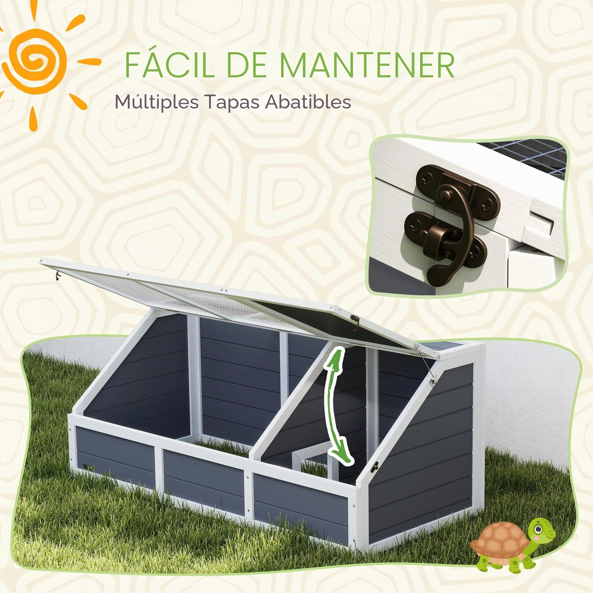 PawHut Casa para tortugas terrapín sin suelo con panel de apertura y 2 espacios separados, Casa para tortugas de abeto y acero galvanizado, 120x55x50A cm, gris claro y blanco | Sin pavimentación, panel abatible, 2 espacios separados, casa terrario tortuga