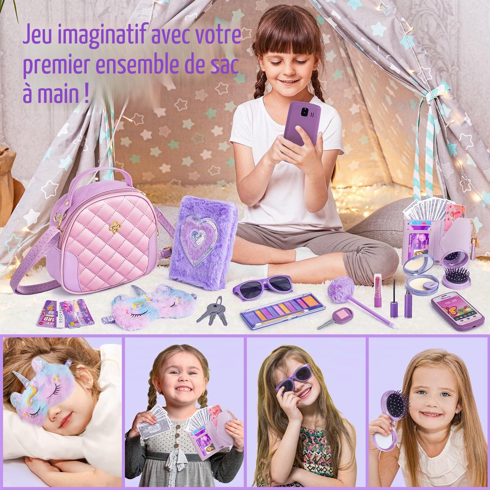 Petite Fille Sac à Main avec Accessoires, Mon Premier Ensemble de Sac à Main - Jouer Maquillage Journal Masque pour Les Yeux Portefeuille Jouet téléphone clés Lunettes de Soleil, Licorne Jouet 3+ Ans