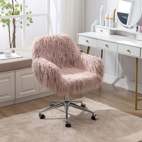 Miniatura 1 de Silla de escritorio de piel sintética rosa, bonito asiento acolchado tapizado esponjoso, moderno y de altura ajustable para sala de estar,