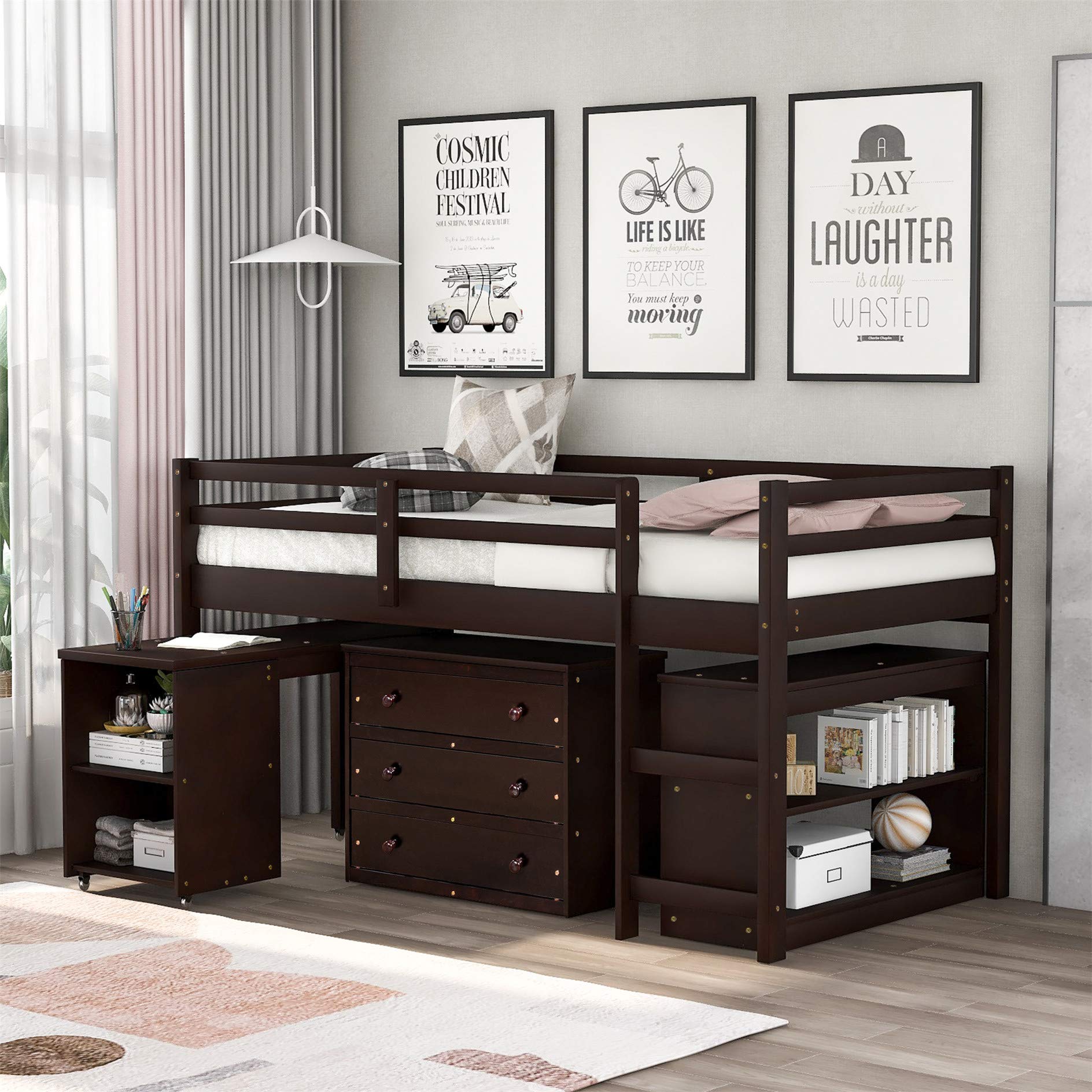 Harper & Bright Designs Low Study Twin Loft Bed with Cabinet and Rolling Portable Desk, Espresso