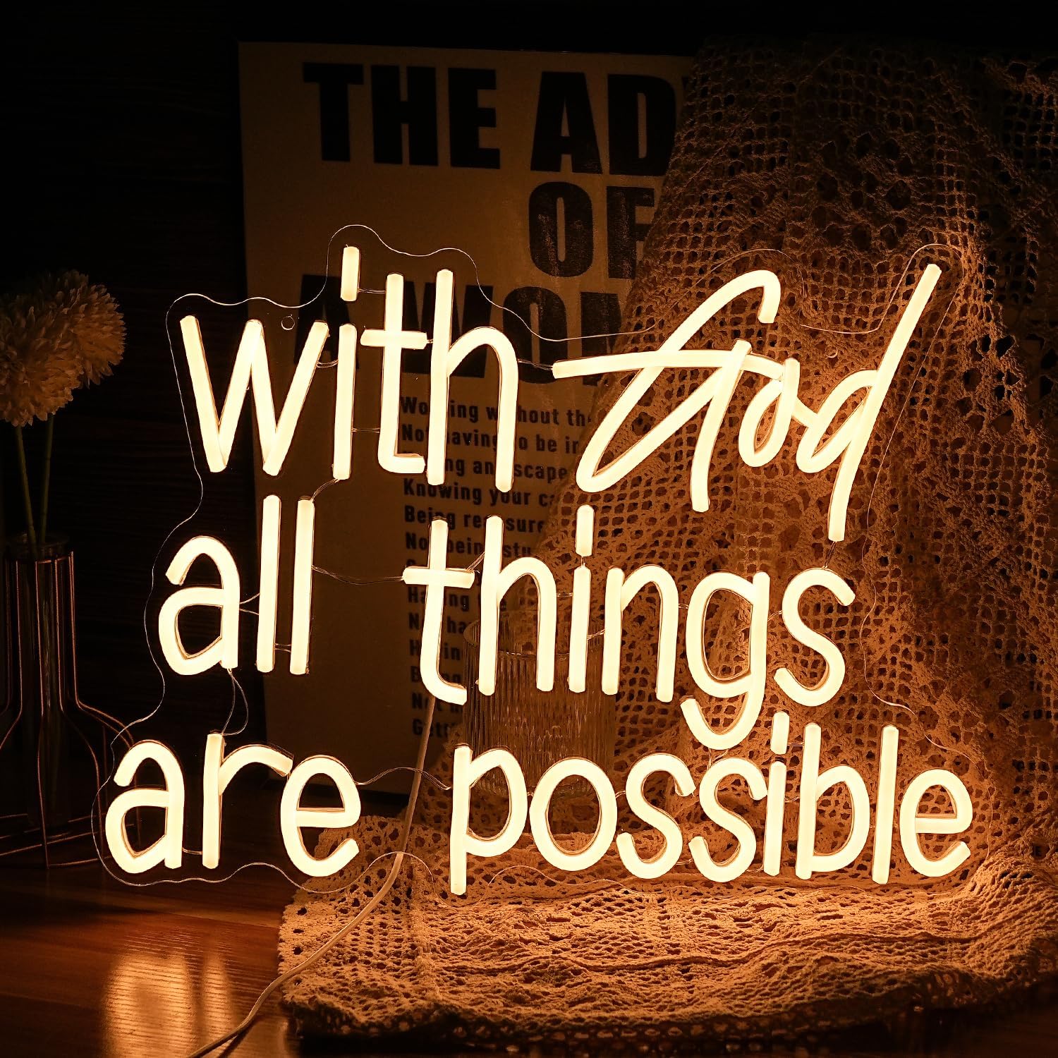 Neonowy znak "With God All Things Are Possible", jasna, ciepła biel, Bóg, neonowe światła LED, do dekoracji ścian, ściemniane, zasilanie USB, podświetlany bóg, neonowy znak świetlny do pokoju, na