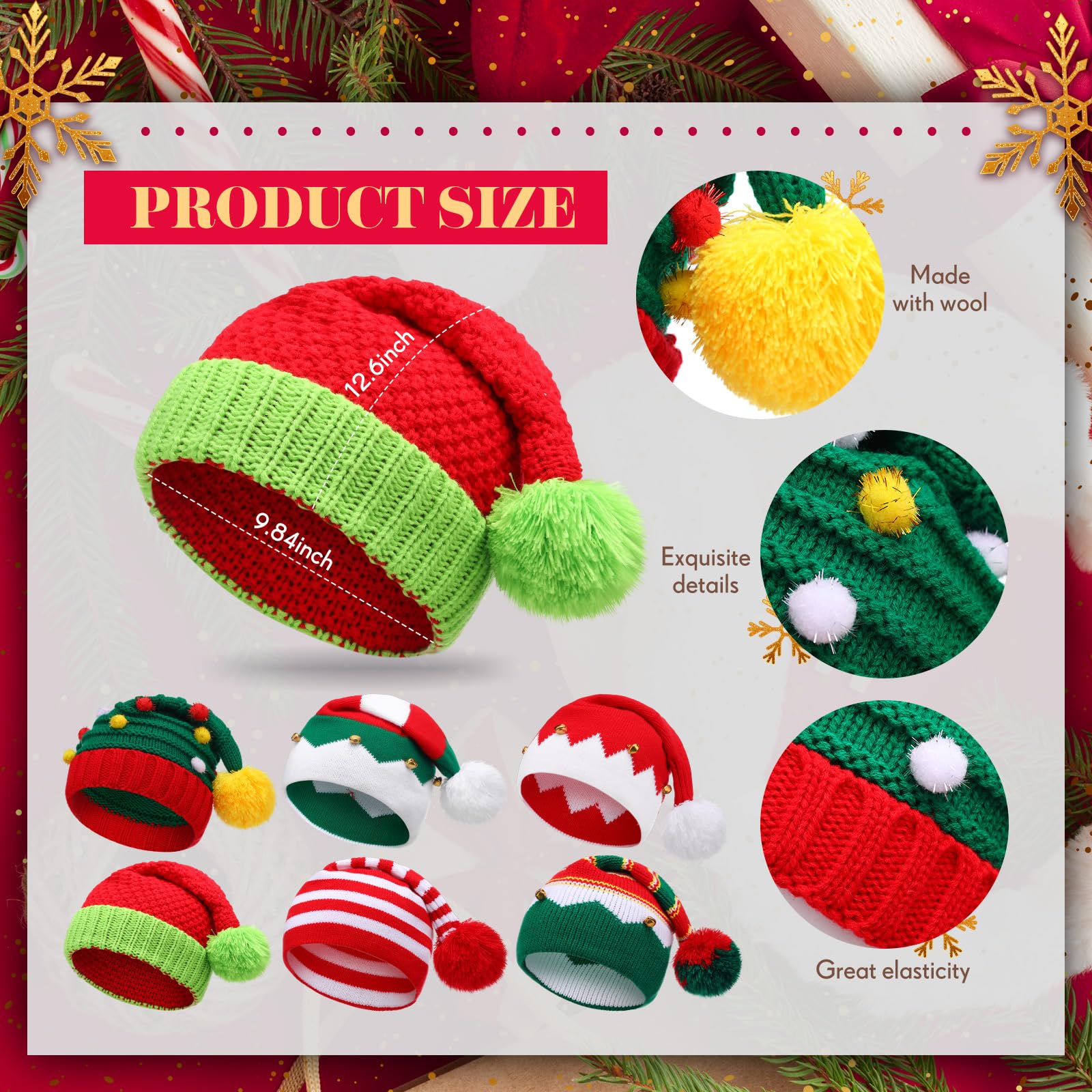 Liitrsh Weihnachtsmütze, gestrickt, Weihnachtsmannmütze, Winter, gestrickt, gestreift, Elfenmütze für Erwachsene, warme Schneemützen und Mützen für den Urlaub, 6 Stück
