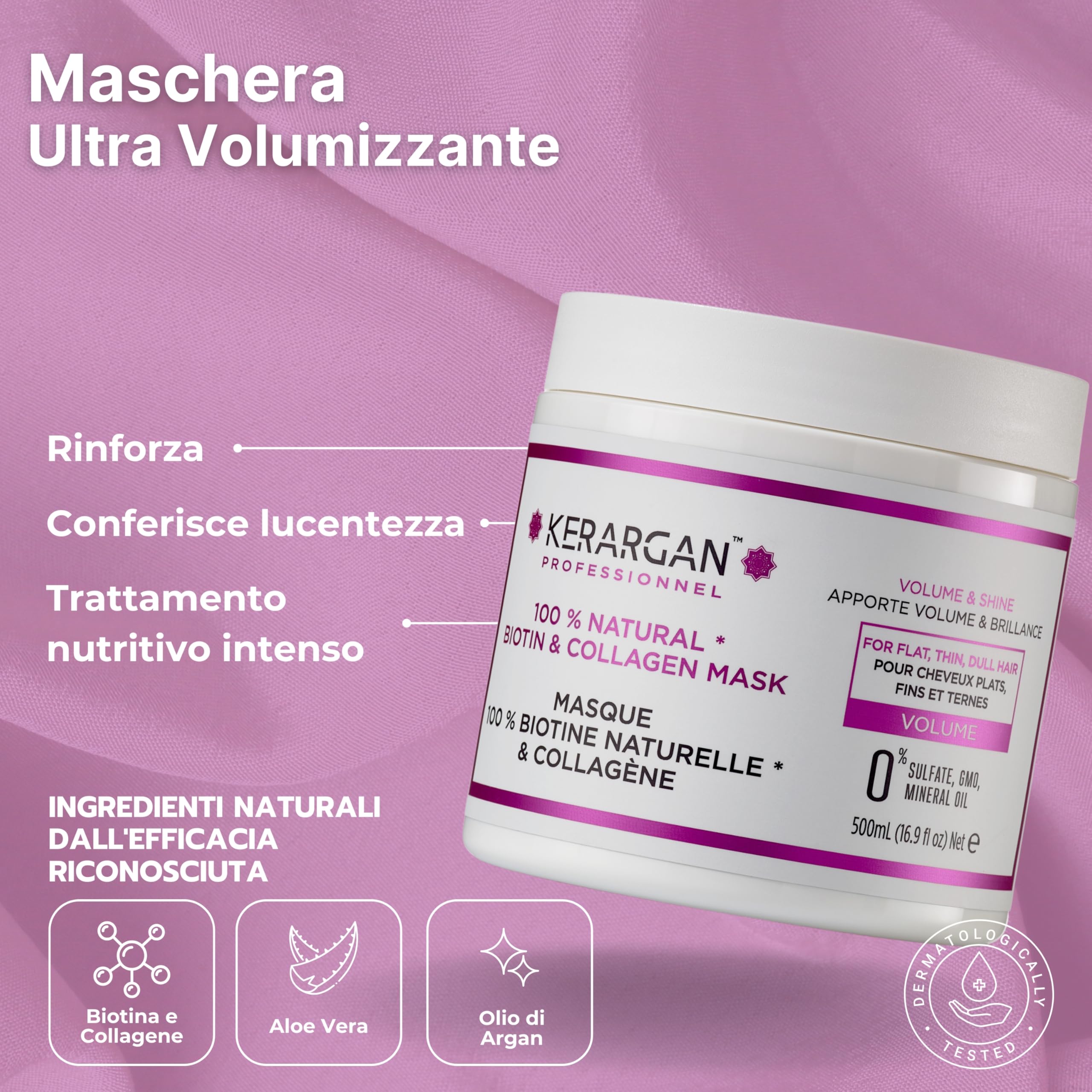 Kerargan - Set Volumizzante: Shampoo, Balsamo, Maschera, Siero & Leave-In alla Biotina & Collagene per Capelli Piatti, Fini e Opachi - Senza Solfati, OGM, Silicone - 3x500ml+1x100ml+1x350ml | Cinque trattamenti con biotina e collagene per detergere, distr