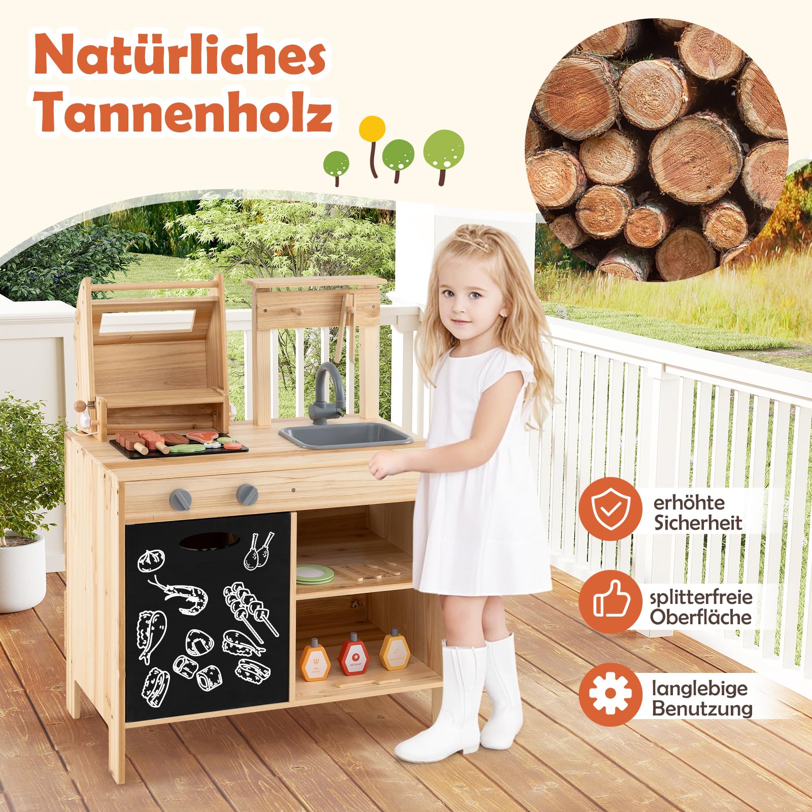 GOPLUS Matschküche Kinder mit Tafel, Kinder BBQ Grill Spielset mit Spielzeugessen, Grillwerkzeugen und Gewürzflaschen, Spielküche Kochspielset mit 27 TLG. Zubehör für Kinder ab 3 Jahren