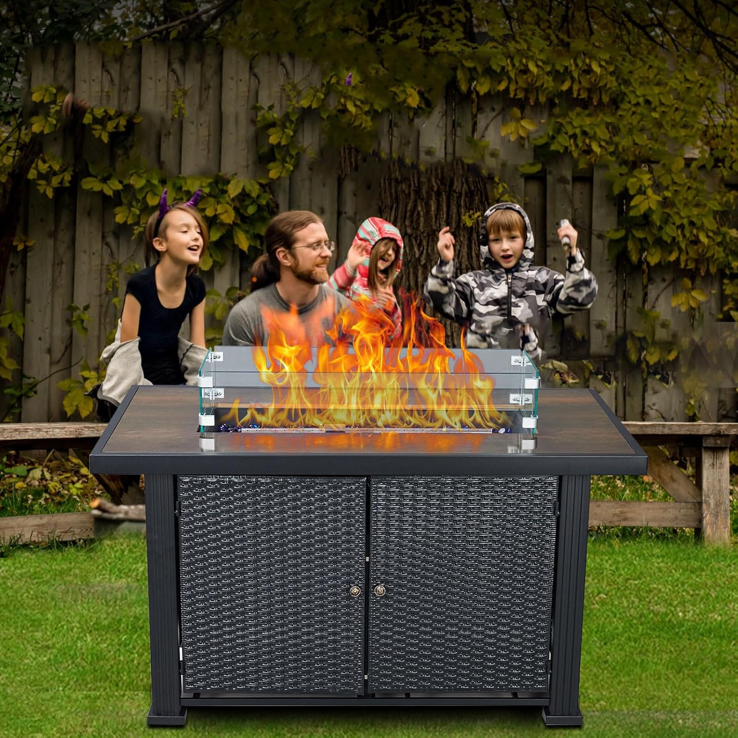 Rectangle Fire Table, 44 Inch Propane Fire Pit Table, Rattan Panel, Glass Wind Guard, Black Tempered Glass Tabletop, 50000BTU, CSA Safety Certified, Companion for Your Garden, Party